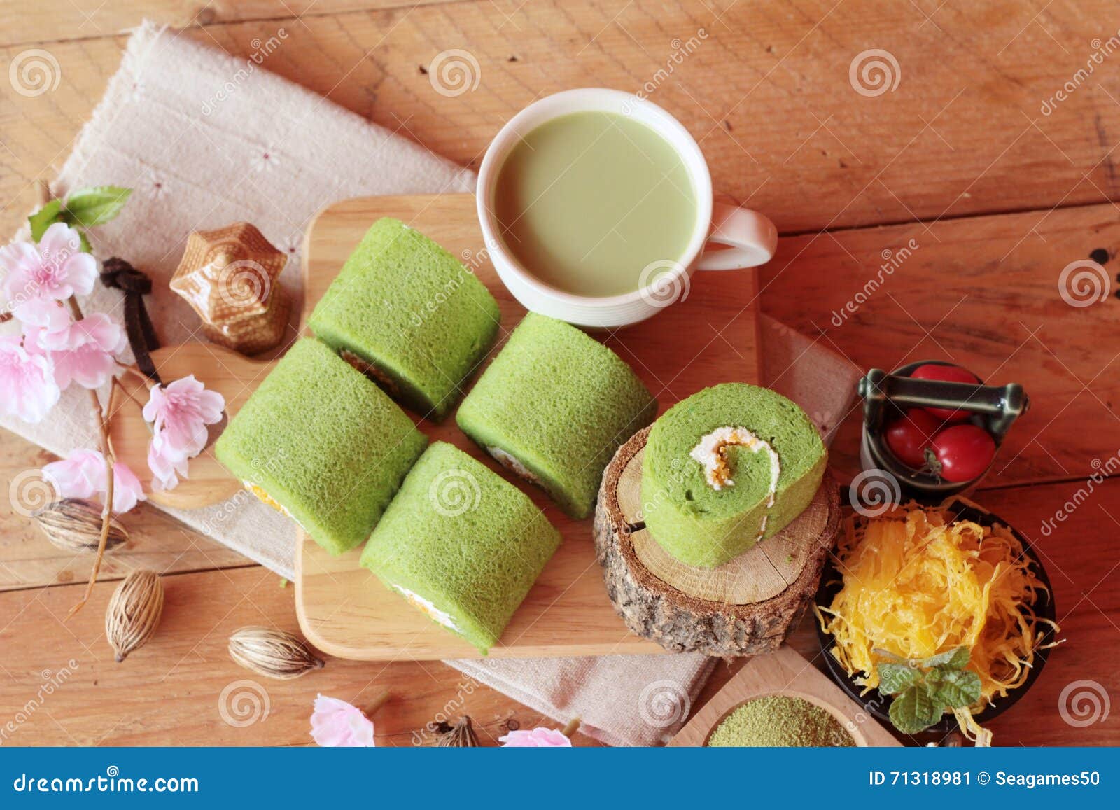 Green Tea Cake Roll and Matcha Green Tea. Stock Image Image of sweet, natural 71318981