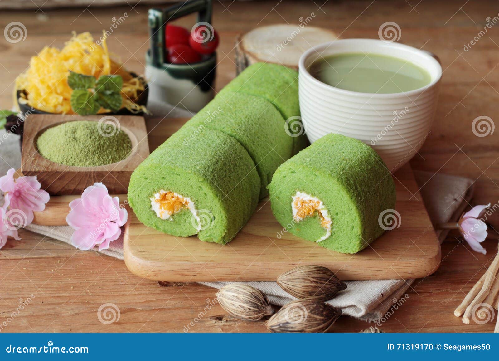 Green Tea Cake Roll and Matcha Green Tea. Stock Photo Image of healthy, traditional 71319170
