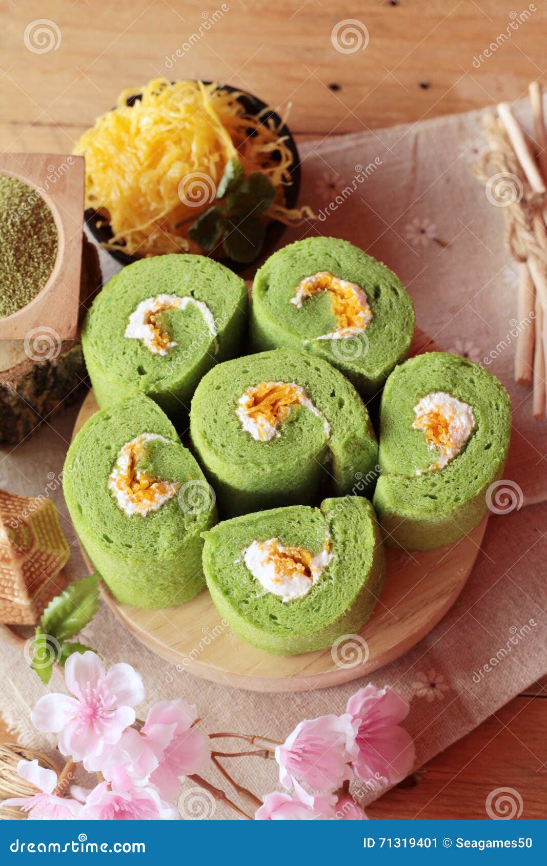 Green Tea Cake Roll and Matcha Green Tea. Stock Image Image of dessert, green 71319401