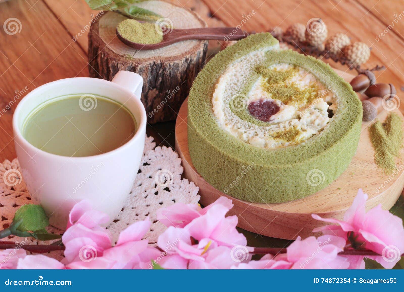 Green Tea Cake Roll and Matcha Green Tea. Stock Photo Image of green