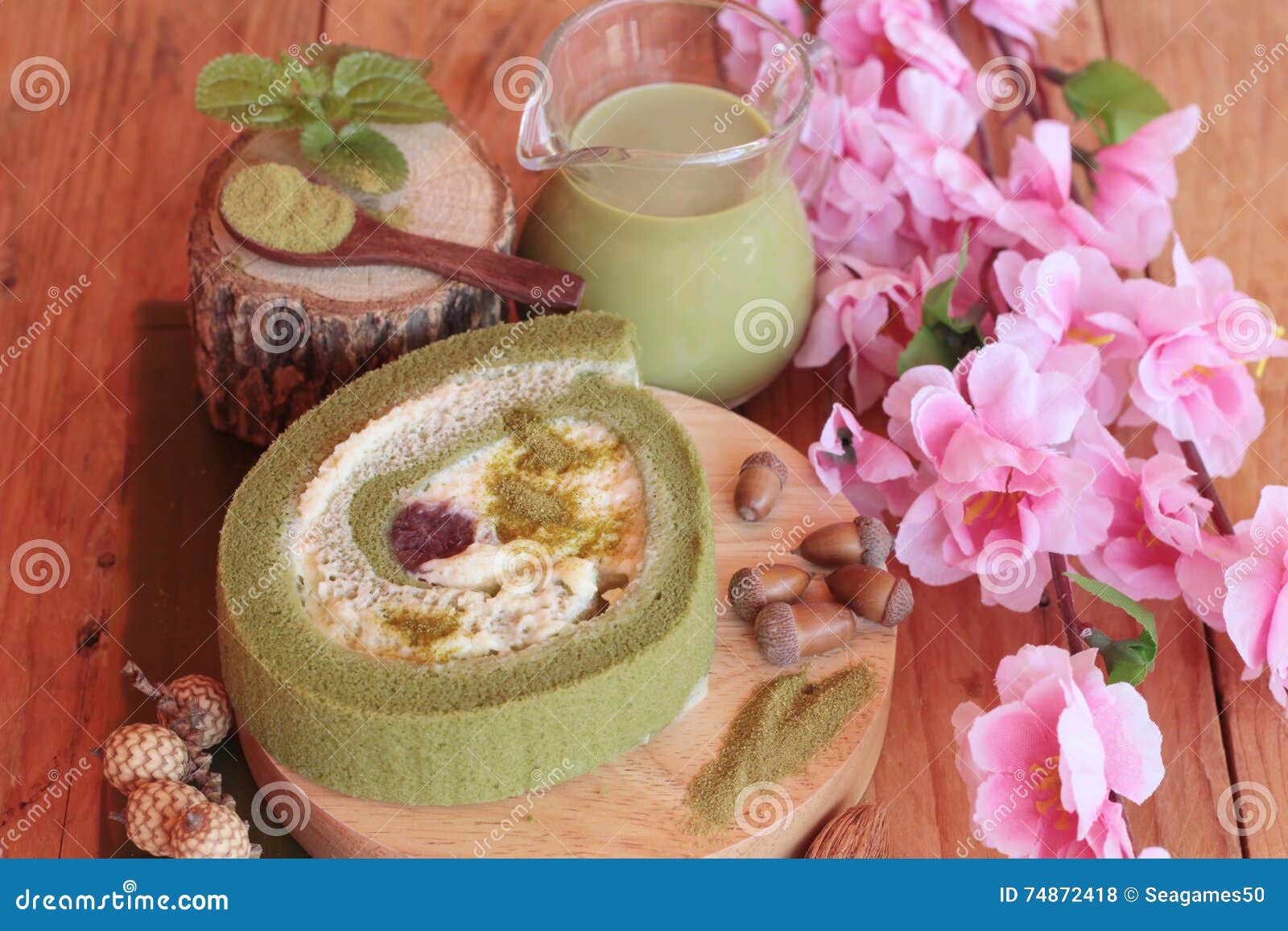 Green Tea Cake Roll and Matcha Green Tea. Stock Photo Image of sweet, snack 74872418