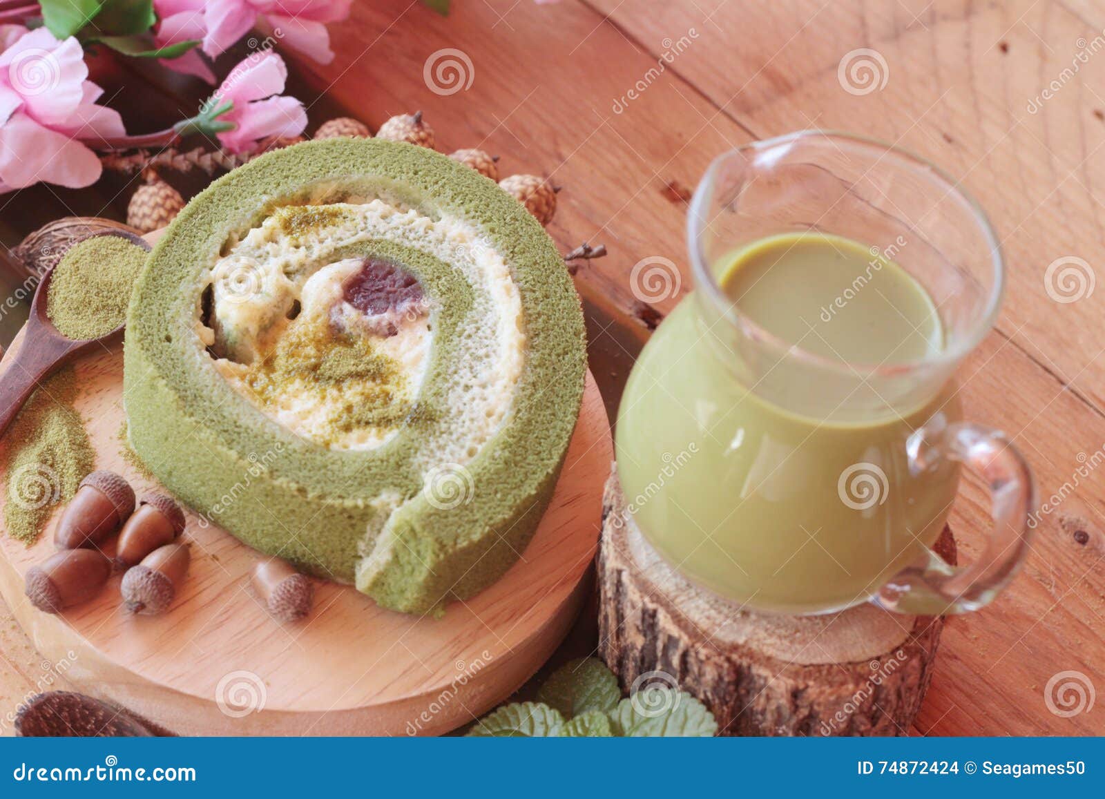 Green Tea Cake Roll and Matcha Green Tea. Stock Photo Image of japan, traditional 74872424