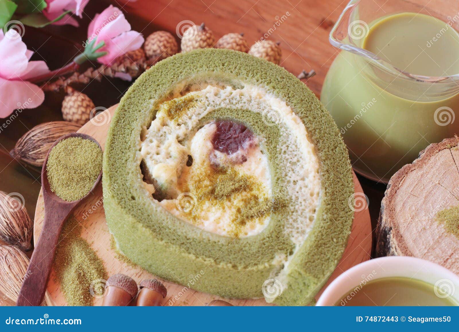 Green Tea Cake Roll and Matcha Green Tea. Stock Image Image of delicious, milk 74872443