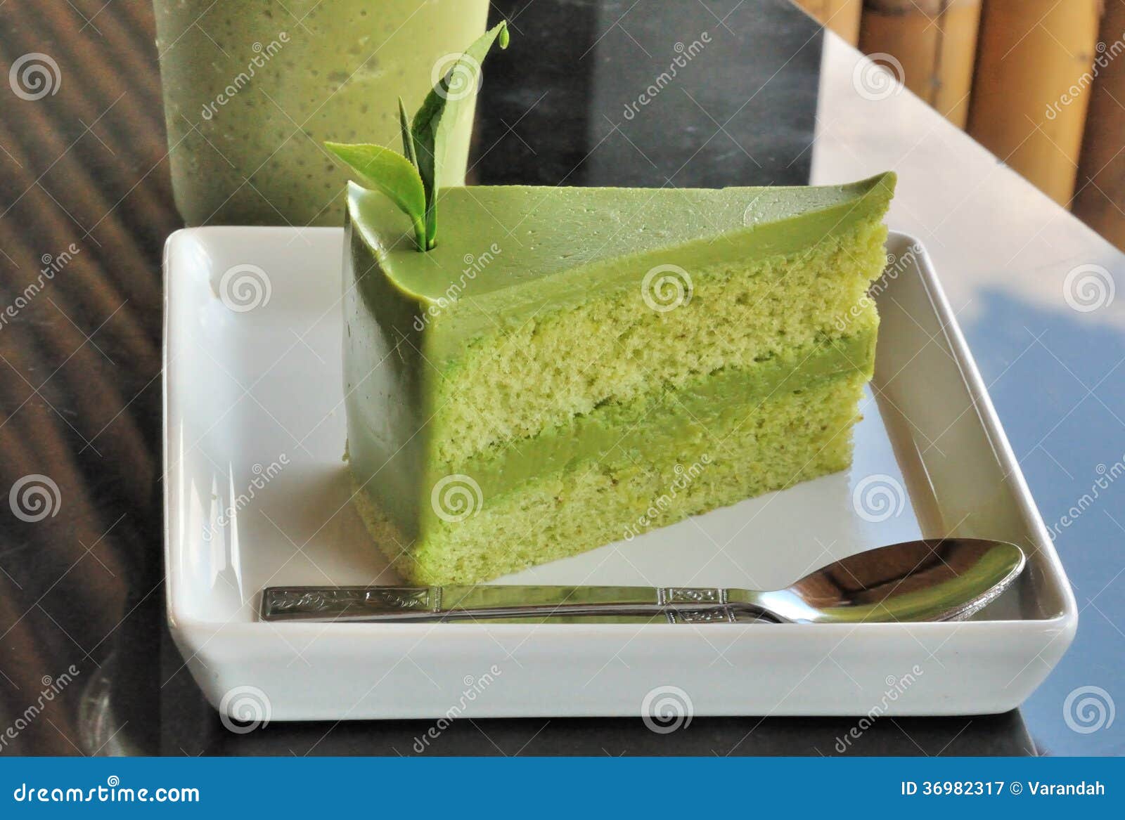 Green Tea Cake with Tea Leaf Decorated Stock Image Image of