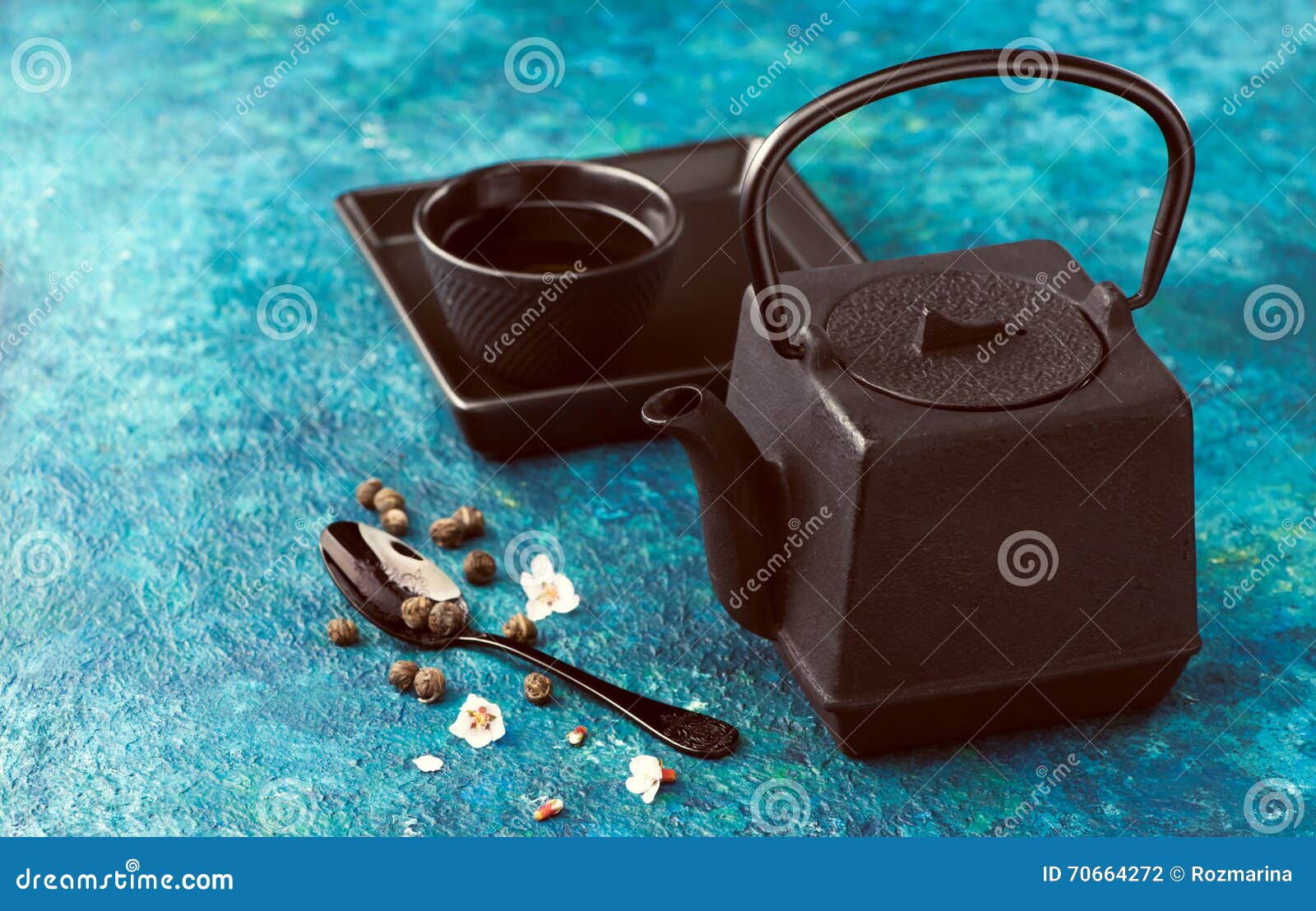 Green Tea. Castiron Kettle and Cup Stock Photo Image of blossoms