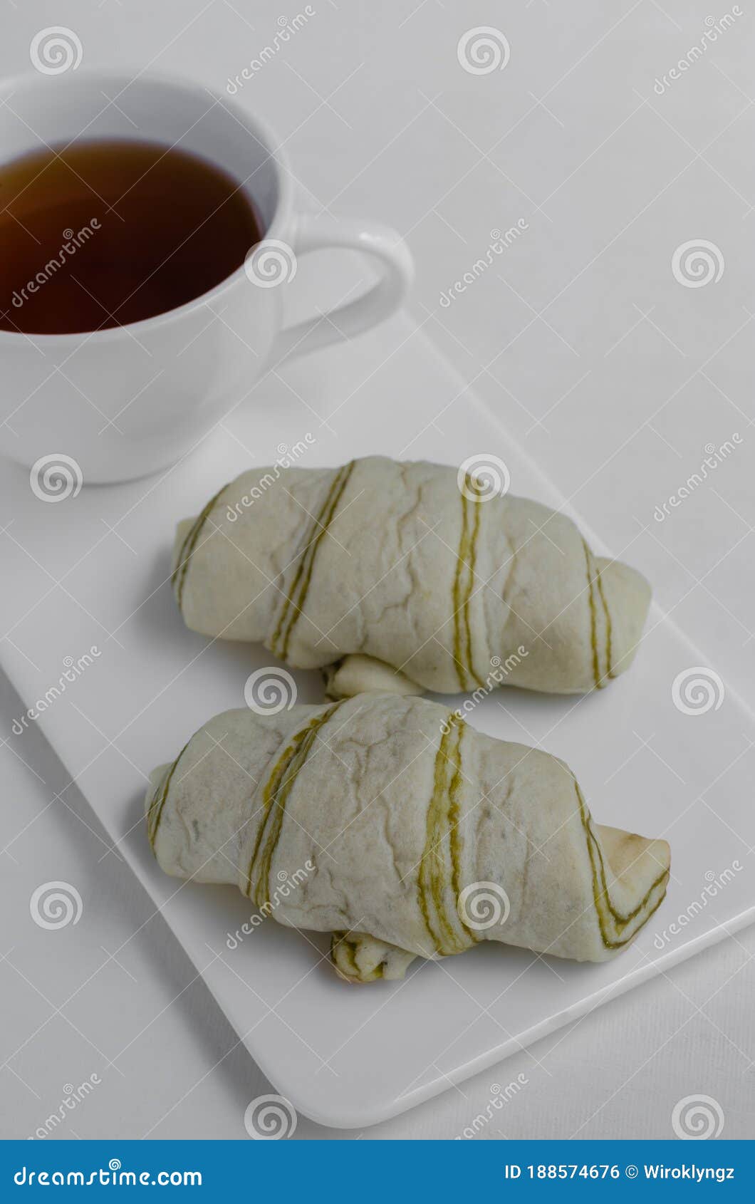 Green Tea Croissants and Tea for Relaxing Time. Stock Photo Image of