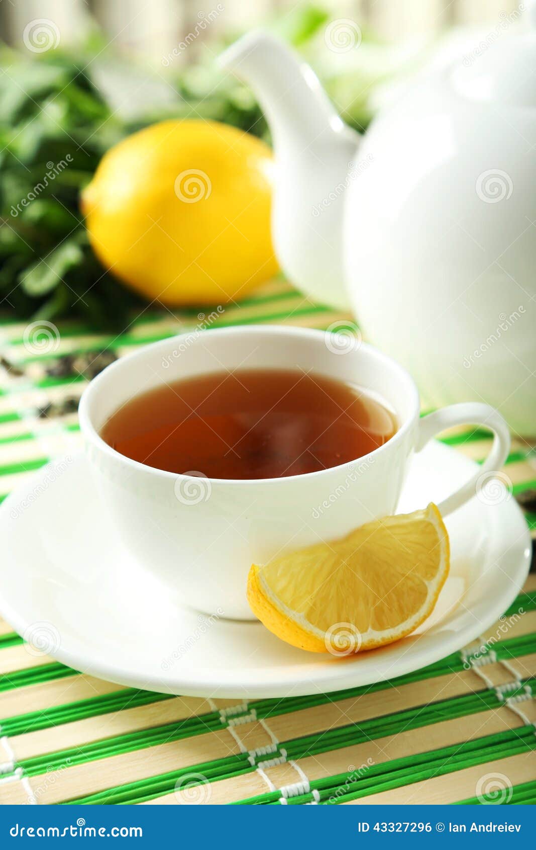 Green Tea in Cup and Teapot on Napkin Stock Photo Image of spring