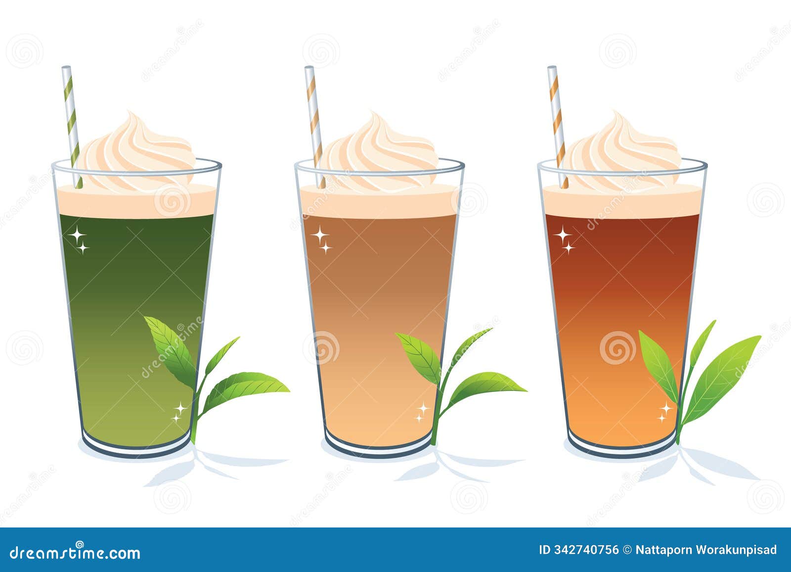 green tea frappe ,milk tea frappe ,thai tea frappe with whipped cream on white background.