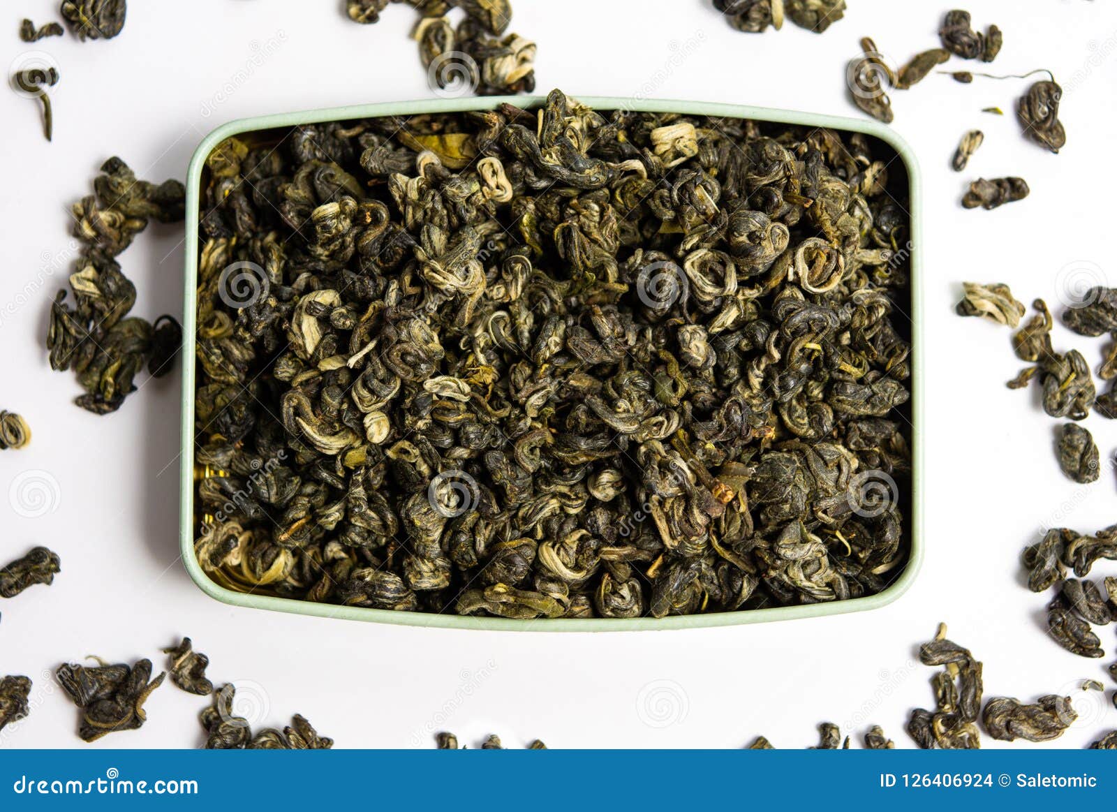 Green tea herbs in the can stock photo. Image of indian 126406924