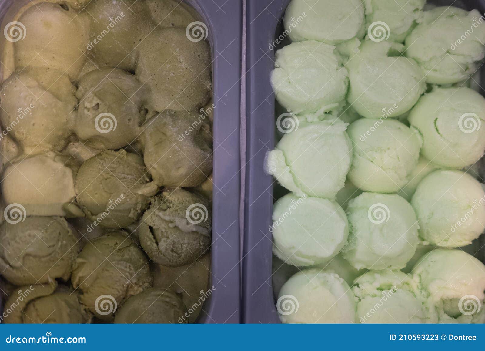 Green Tea Ice Cream and Lemon Ice Cream Scoops in Buffet Restaurants