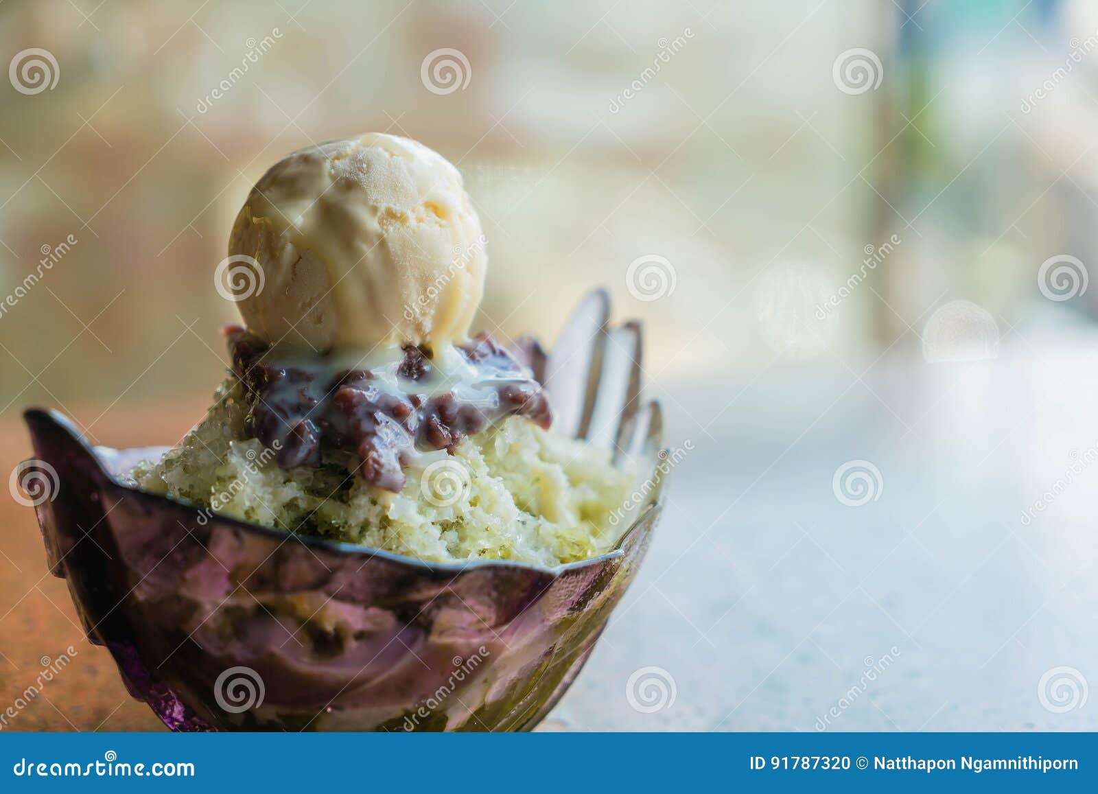Green Tea Ice Snowflake with Ice Cream and Red Bean Stock Photo Image