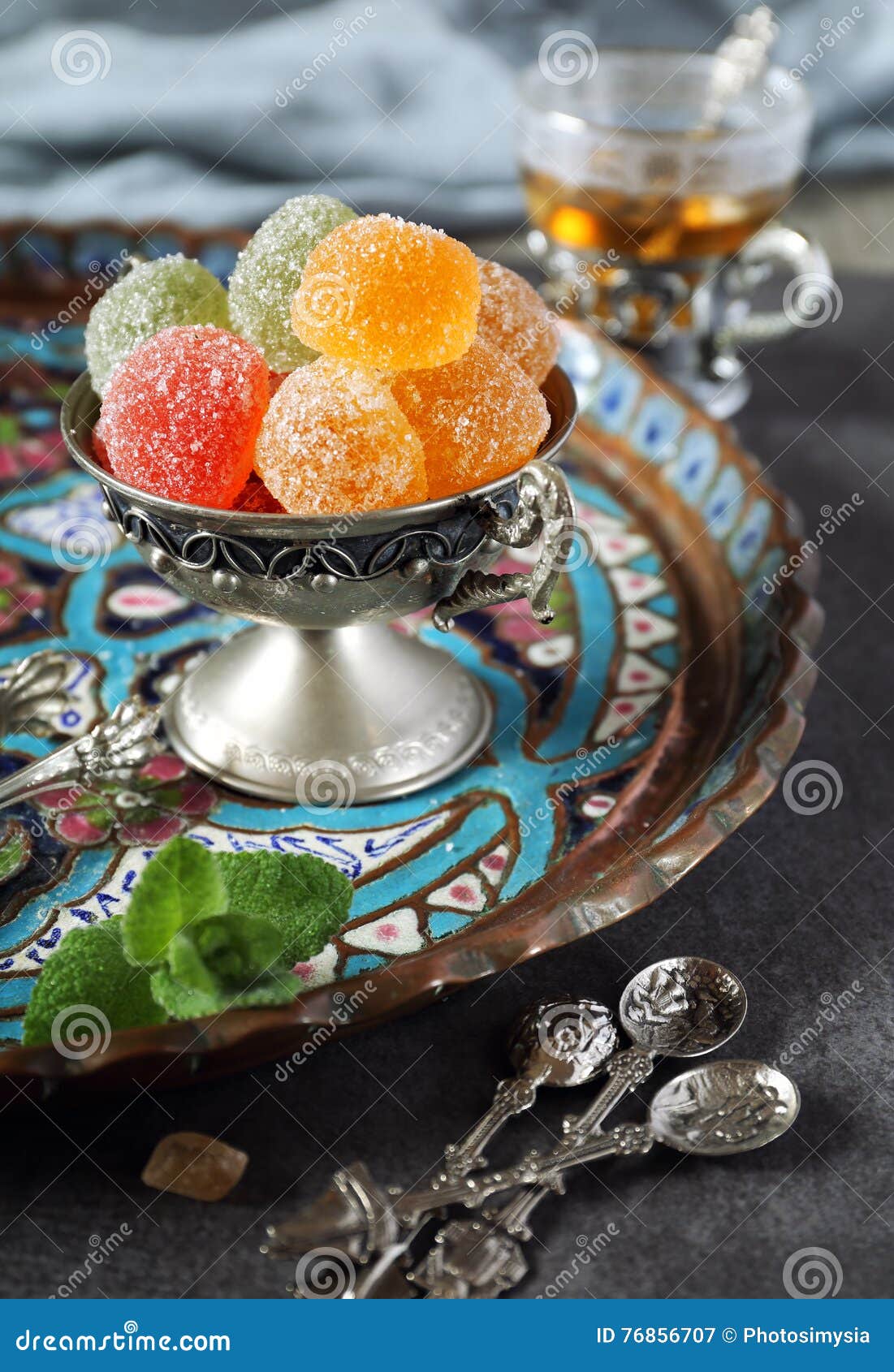 Green Tea and jelly sweets stock image. Image of yellow 76856707