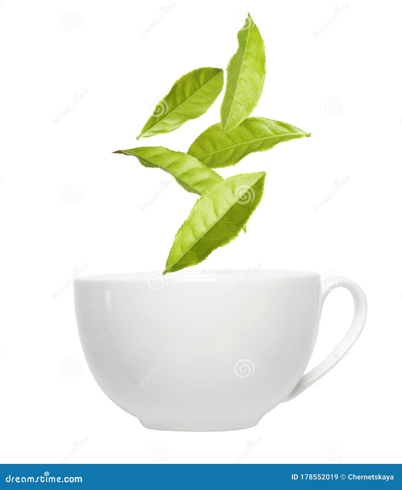 Green Tea Leaves Falling into Cup on Background Stock Image Image of