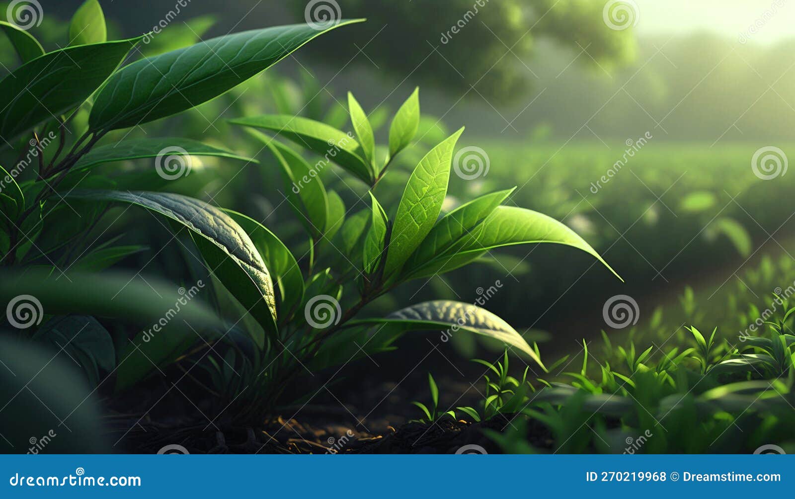 Green Tea Leaves Illuminated by the Rays of the Sun Stock Illustration