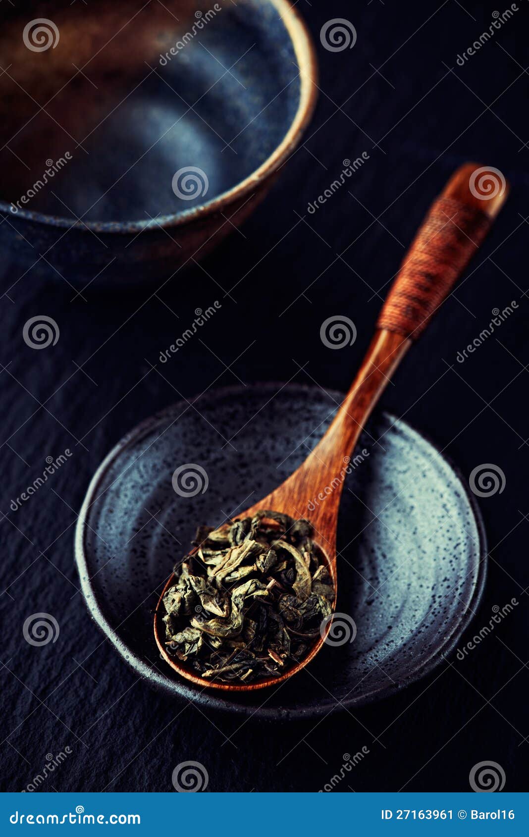 Green Tea Leaves on Wooden Spoon Stock Image Image of plate, leaves 27163961