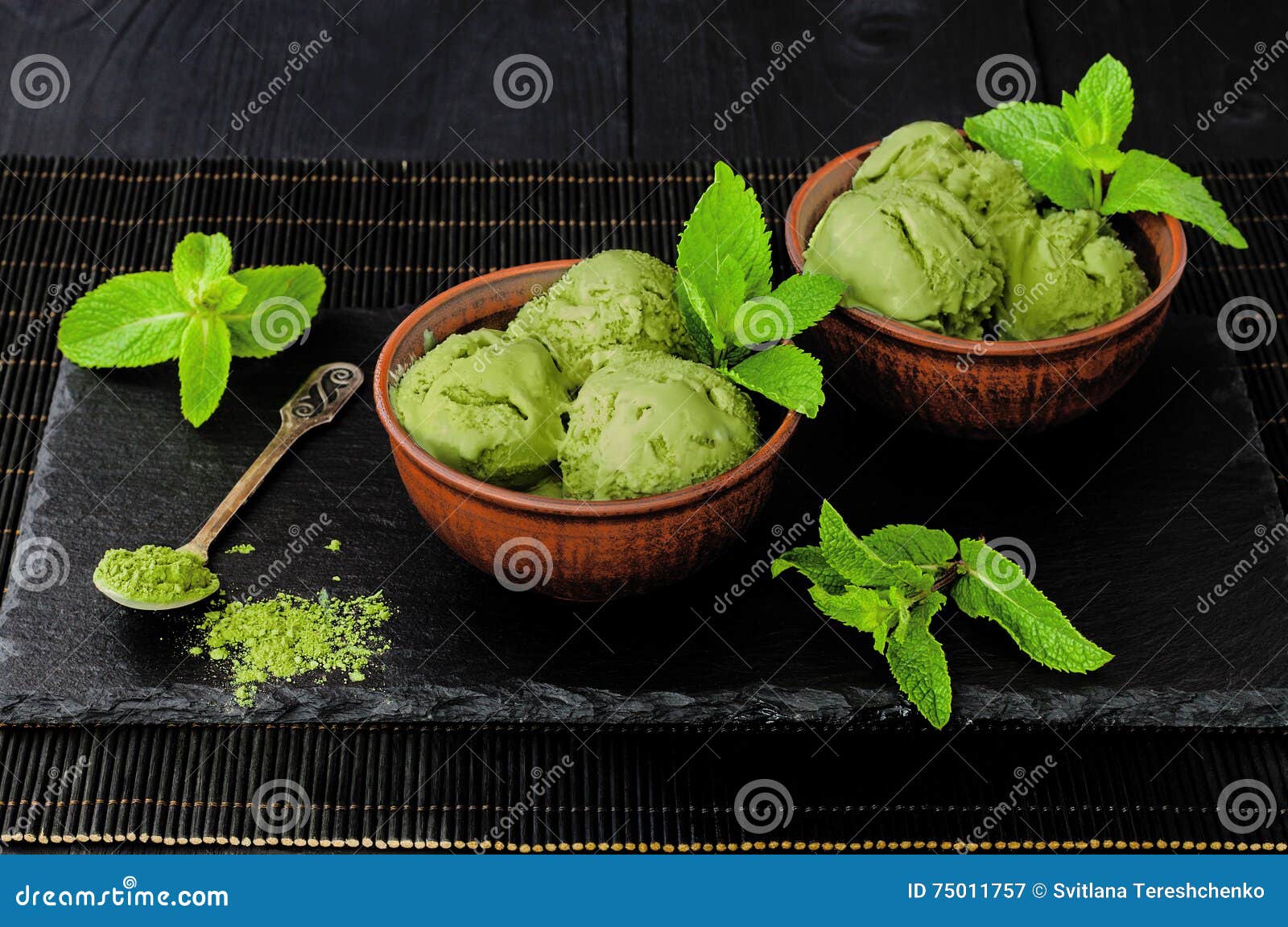 Green Tea Matcha Mint Ice Cream with Coconut Milk. Stock Image Image