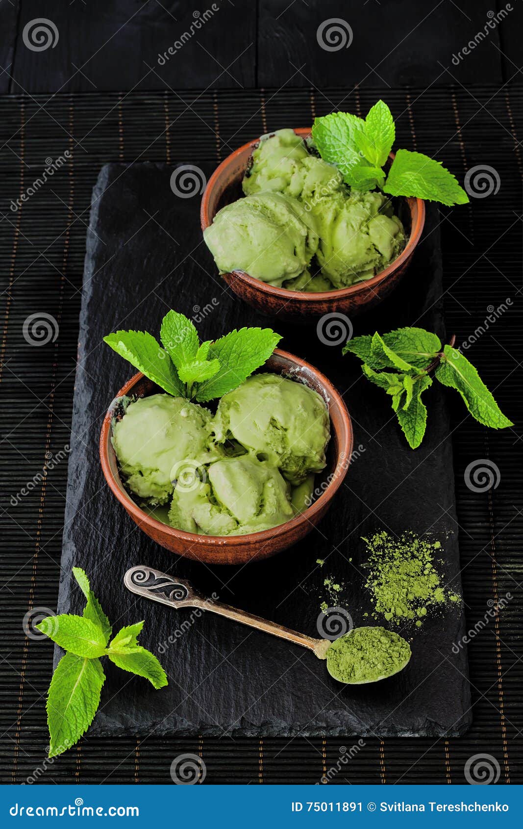Green Tea Matcha Mint Ice Cream with Coconut Milk. Stock Image Image