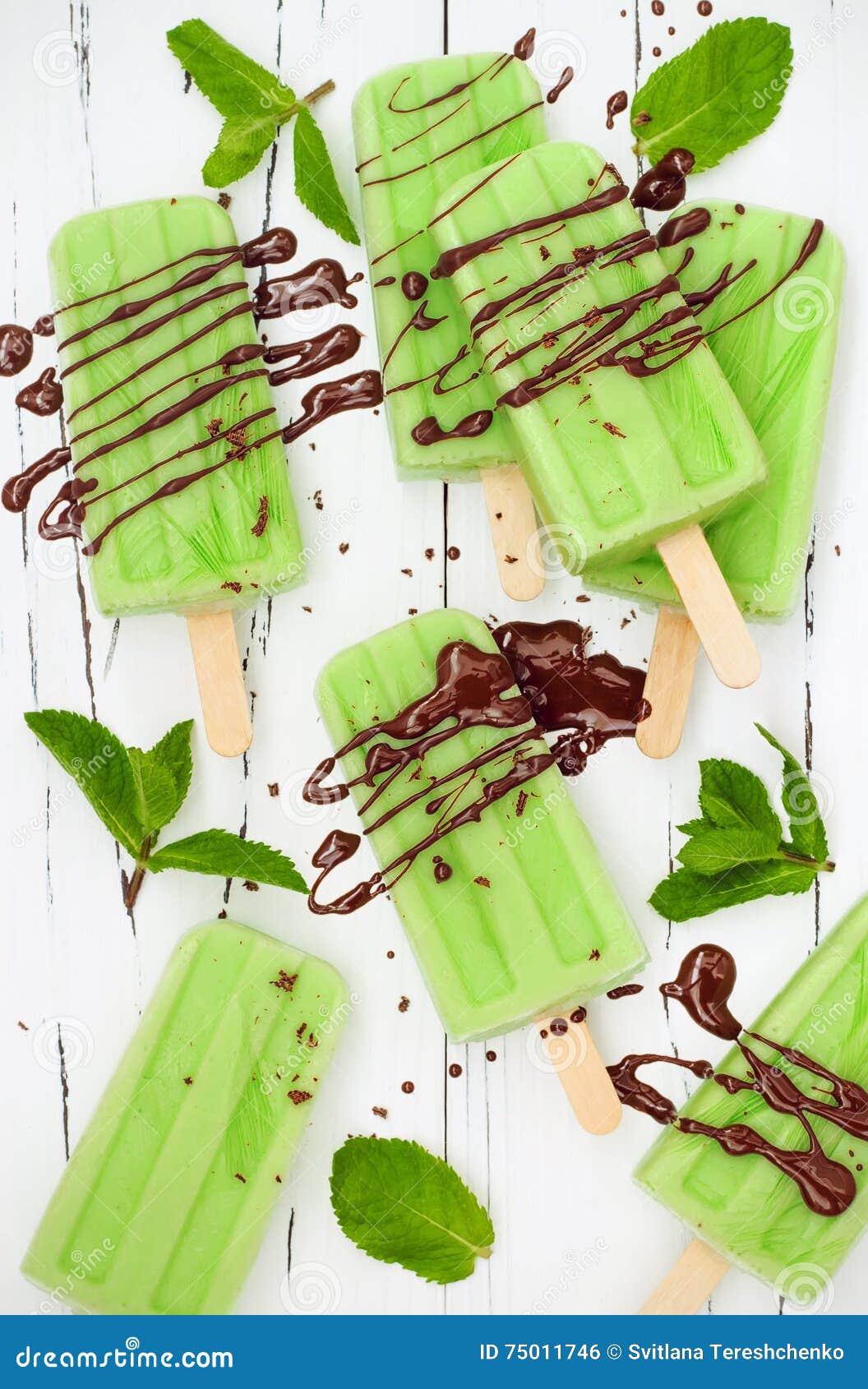 Green Tea Matcha Mint Popsicles with Chocolate and Coconut Milk. Stock