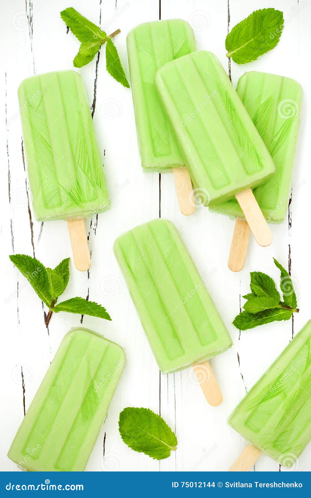 Green Tea Matcha Mint Popsicles with Chocolate and Coconut Milk. Stock