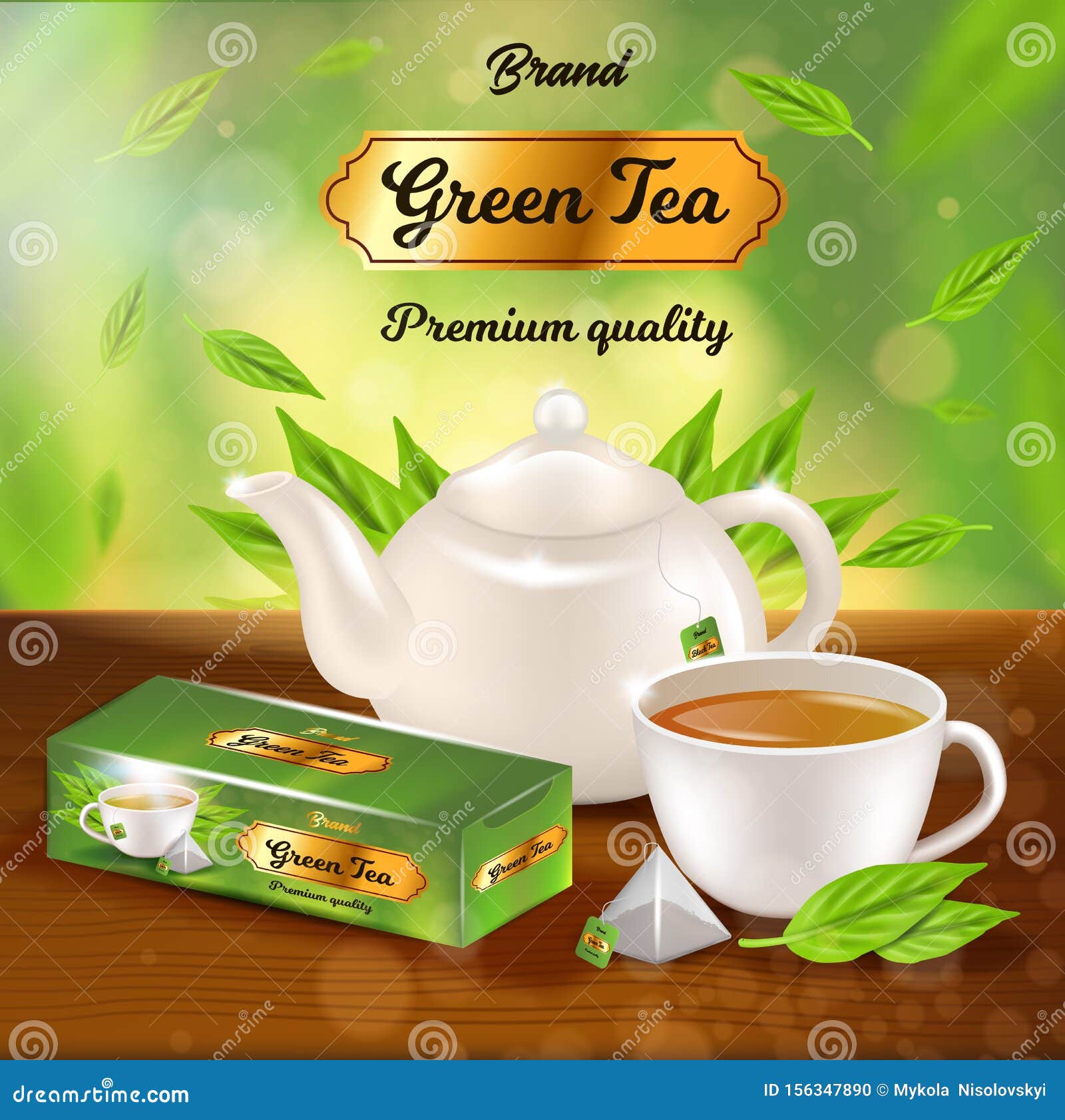 Green Tea Promo Banner, White Porcelain Pot, Pack Stock Vector ...