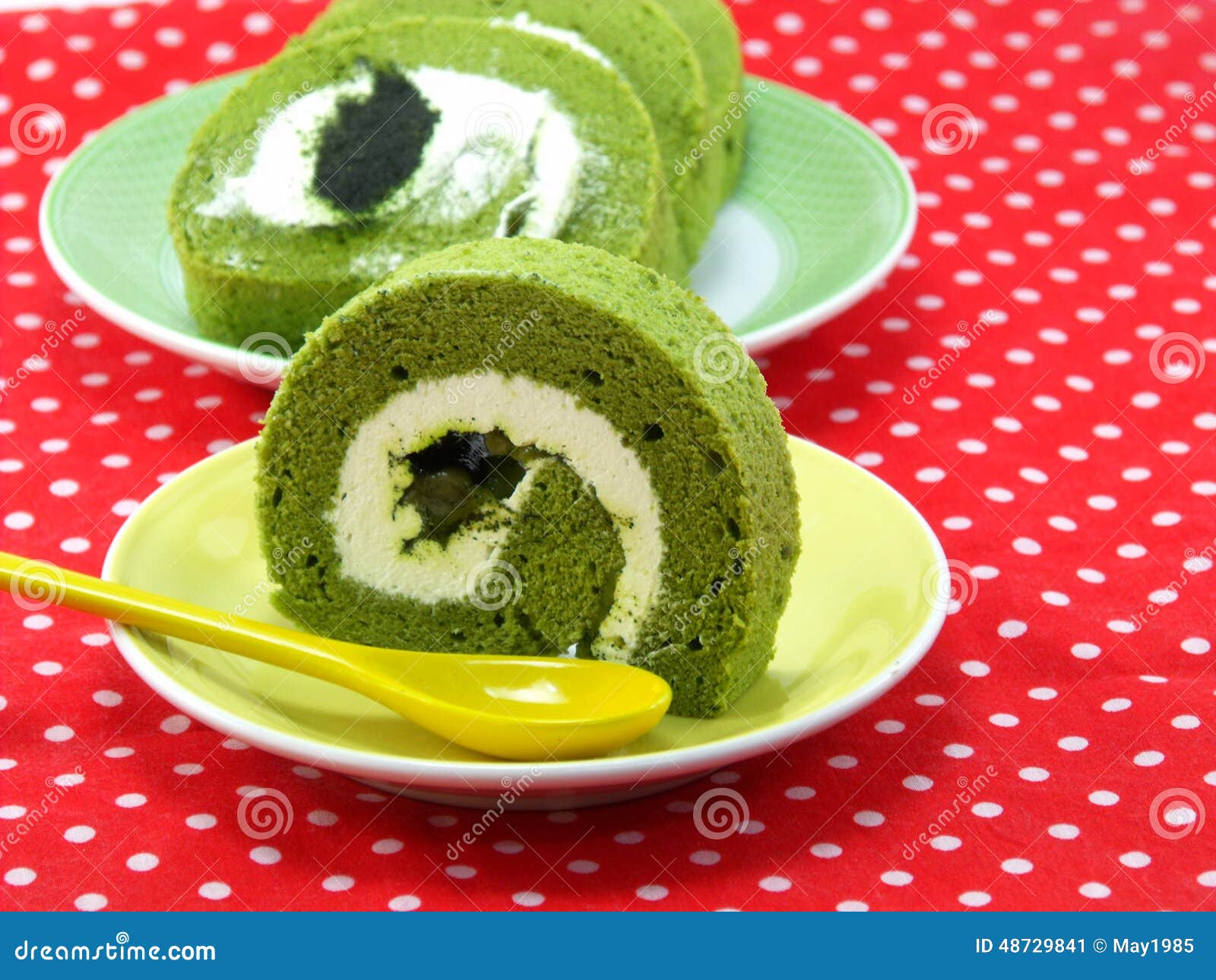 Green Tea Roll Cake on Dish Stock Image Image of closeup, bakery
