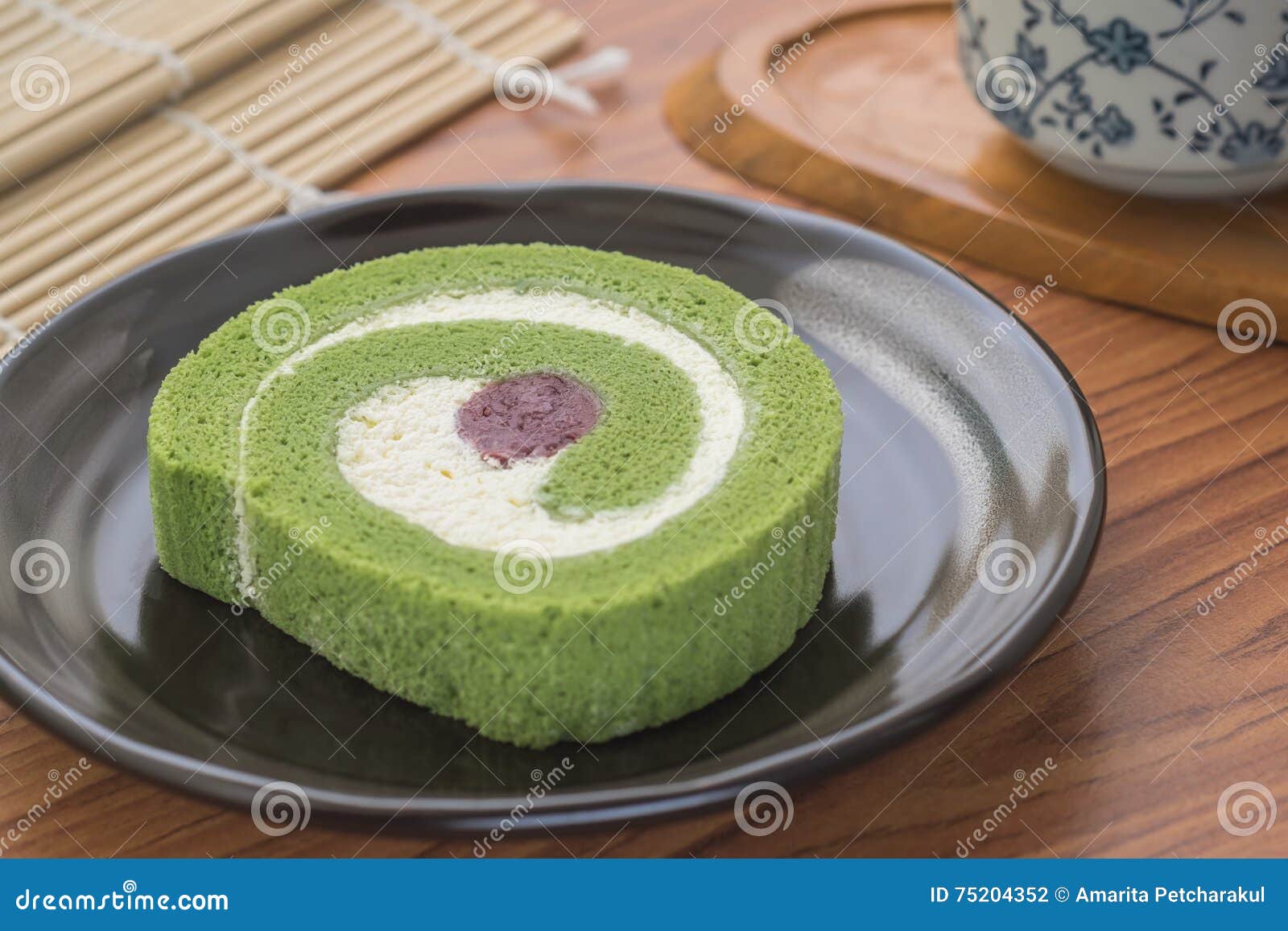 Green Tea Roll Cake with Red Bean on Plate Stock Photo Image of roll