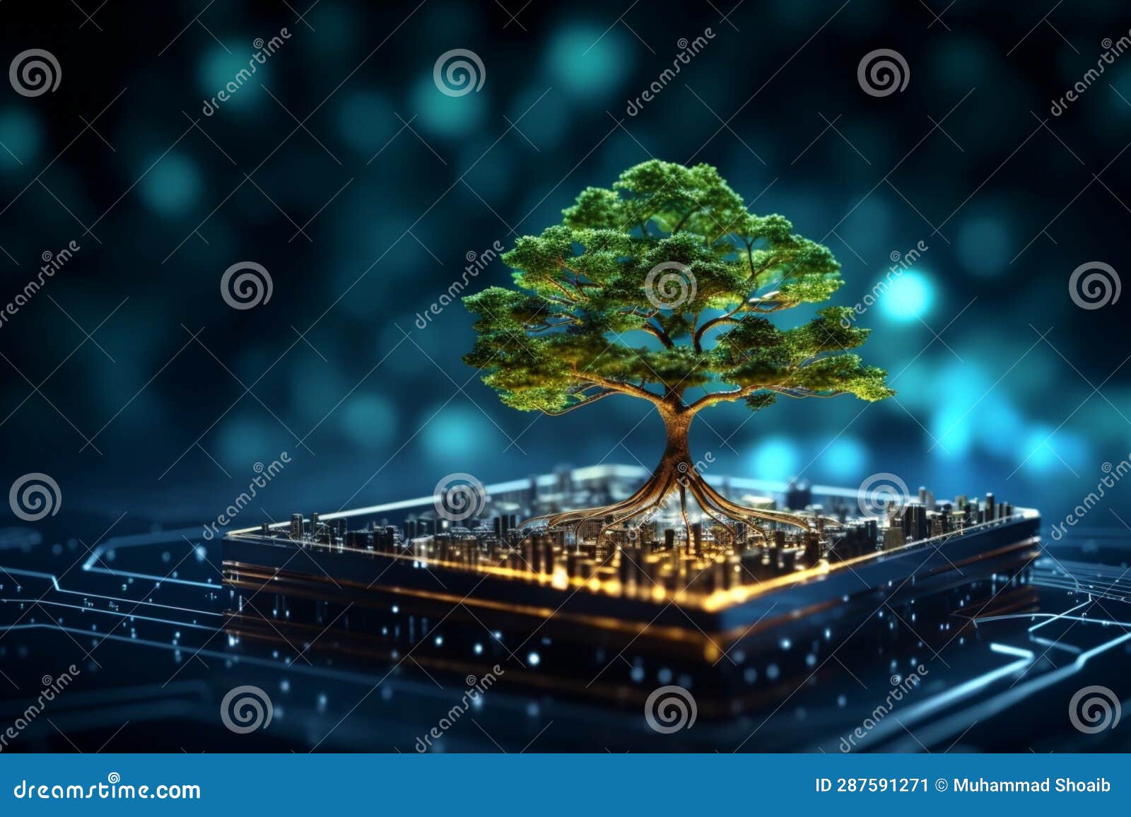 green tech ism tree on circuit board amidst wireframe network, embodying eco-conscious innovation