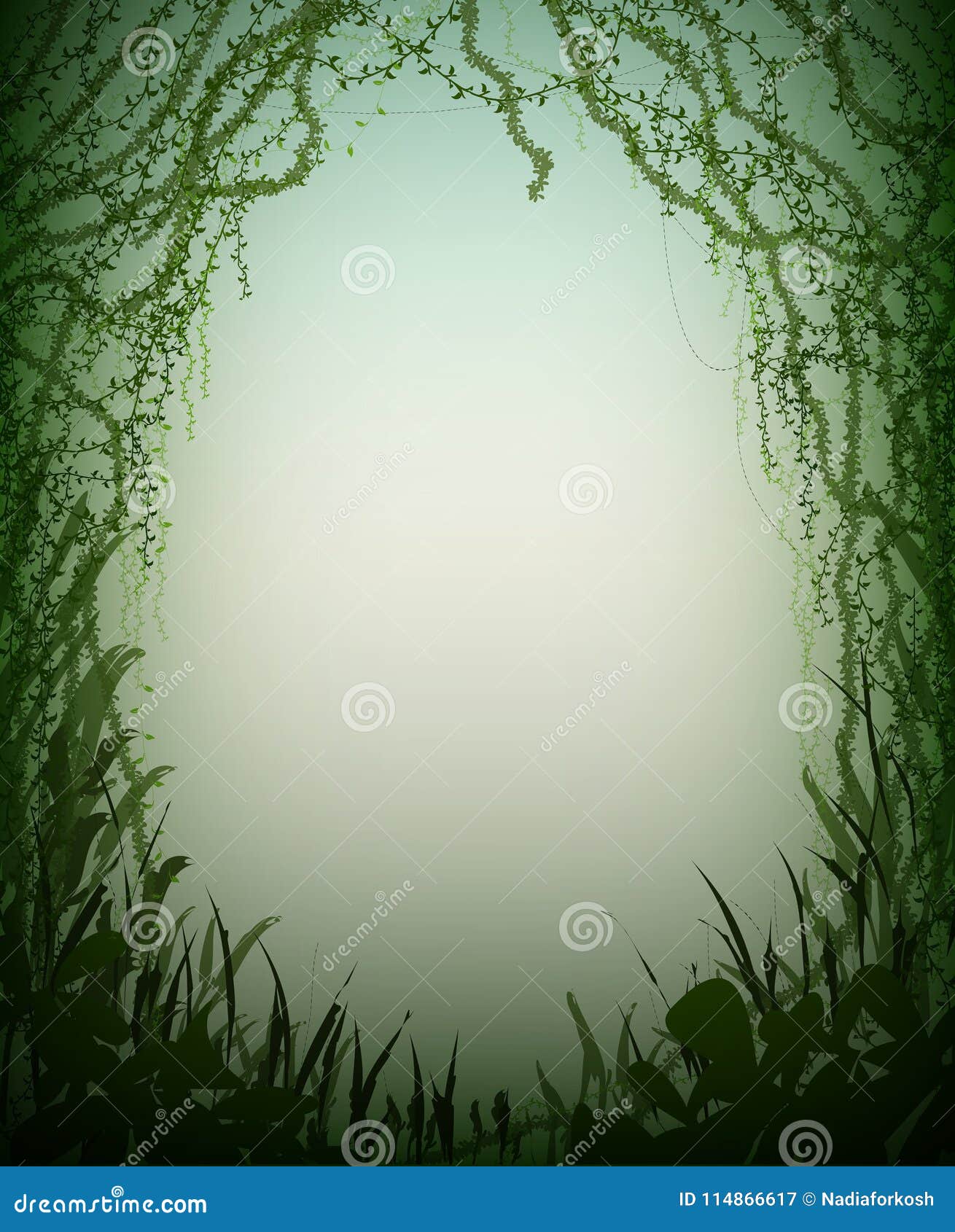 green thicket rainforest cave, deep fairy forest silhouette,