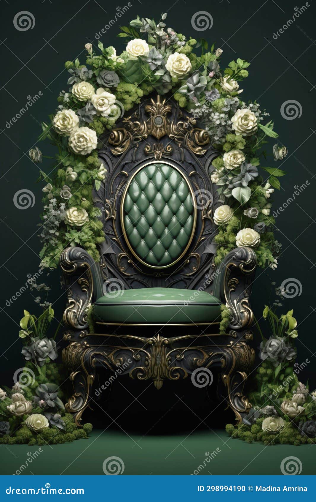 Green Throne Decorated with Flowers. Decorated Throne. Stock Photo