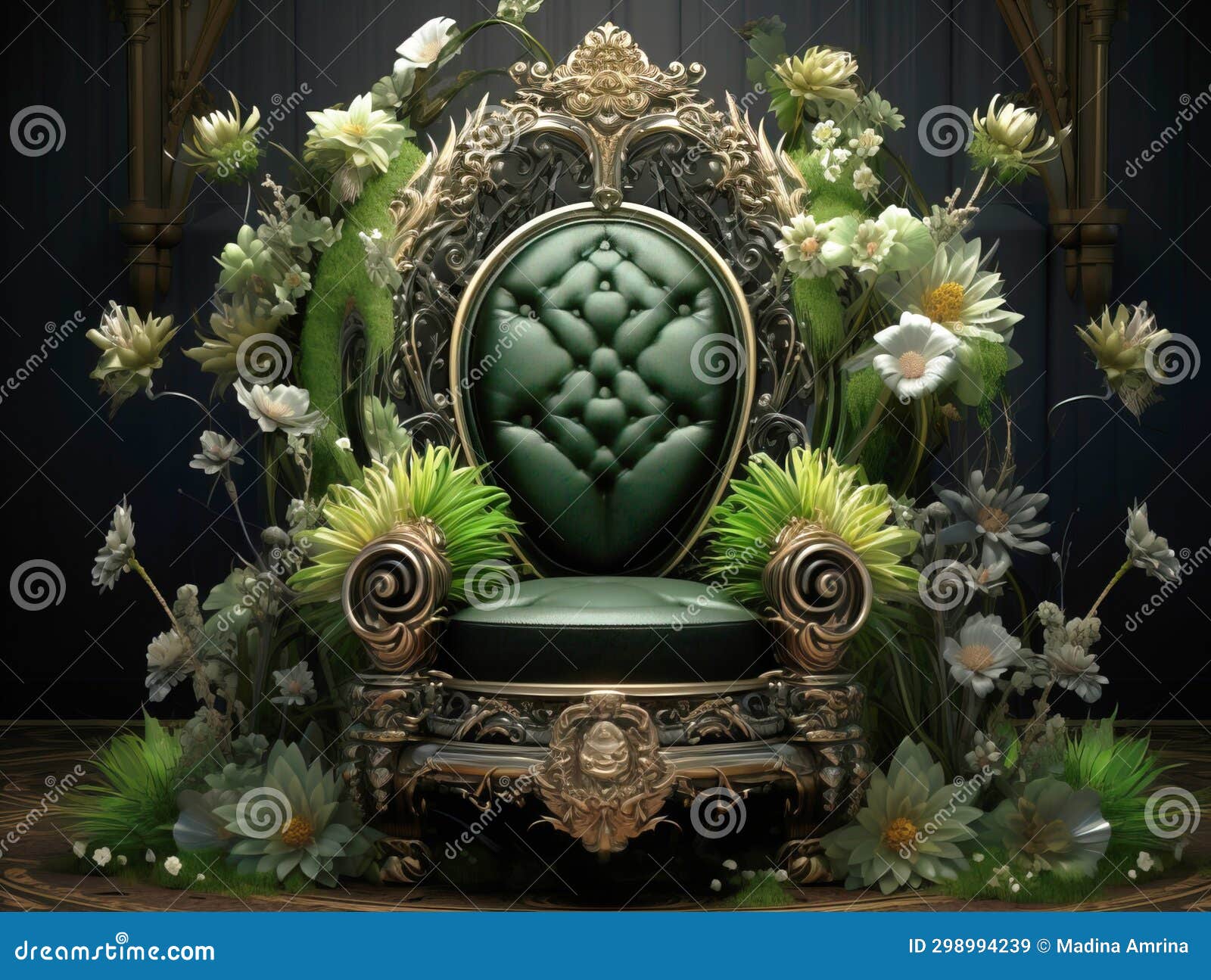 Green Throne Decorated with Flowers. Decorated Throne. Stock Image