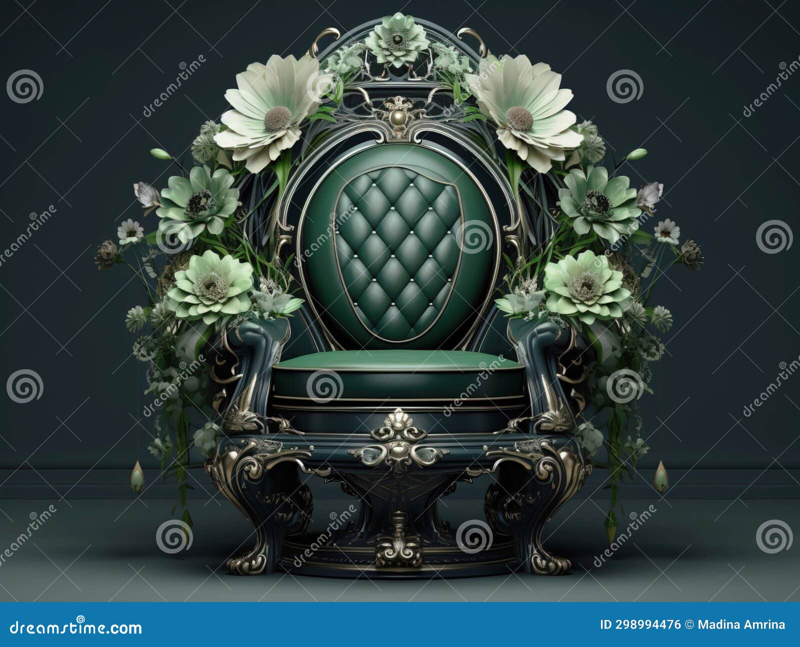 Green Throne Decorated with Flowers. Decorated Throne. Stock Photo