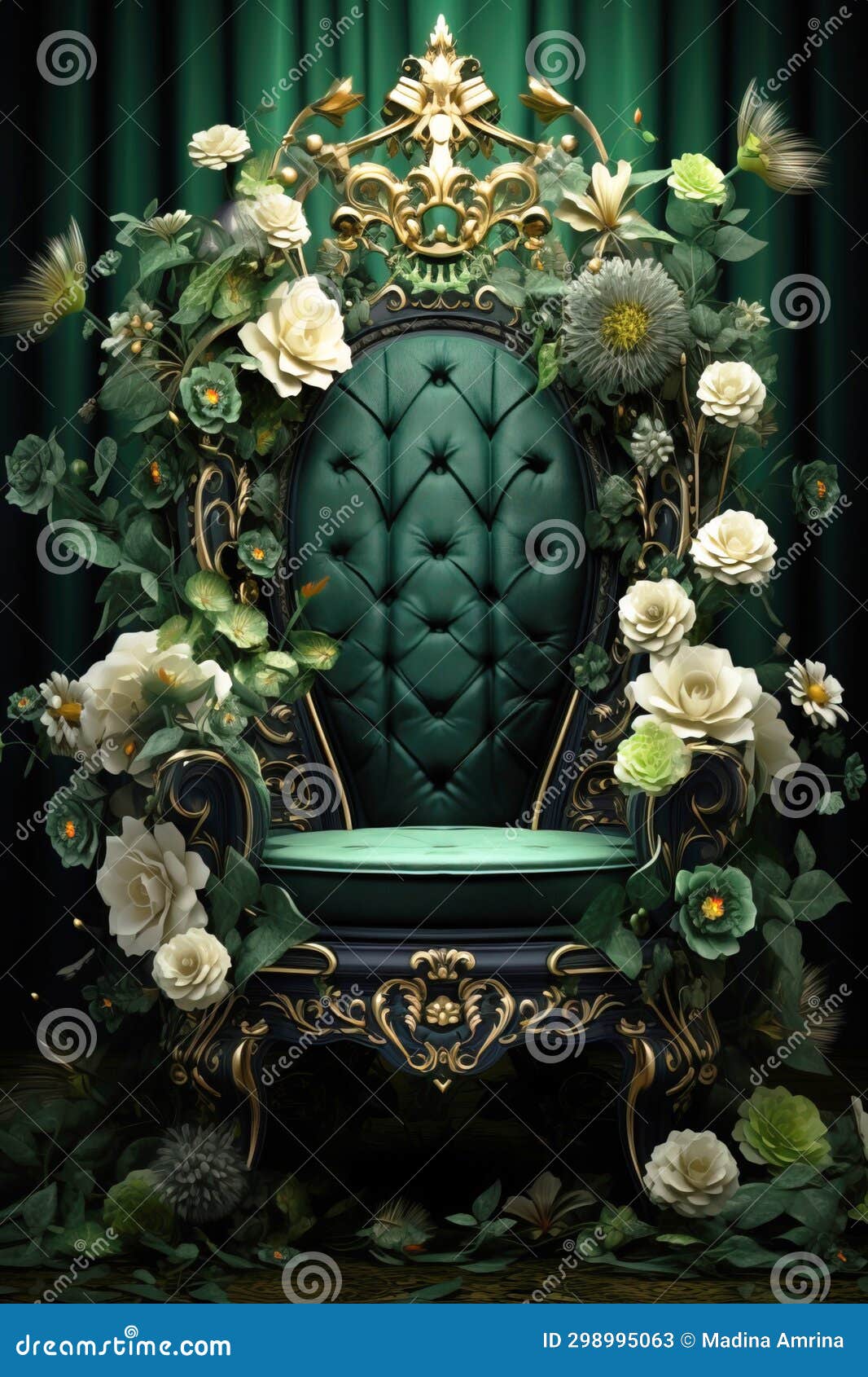 Green Throne Decorated with Flowers. Decorated Throne. Stock Image