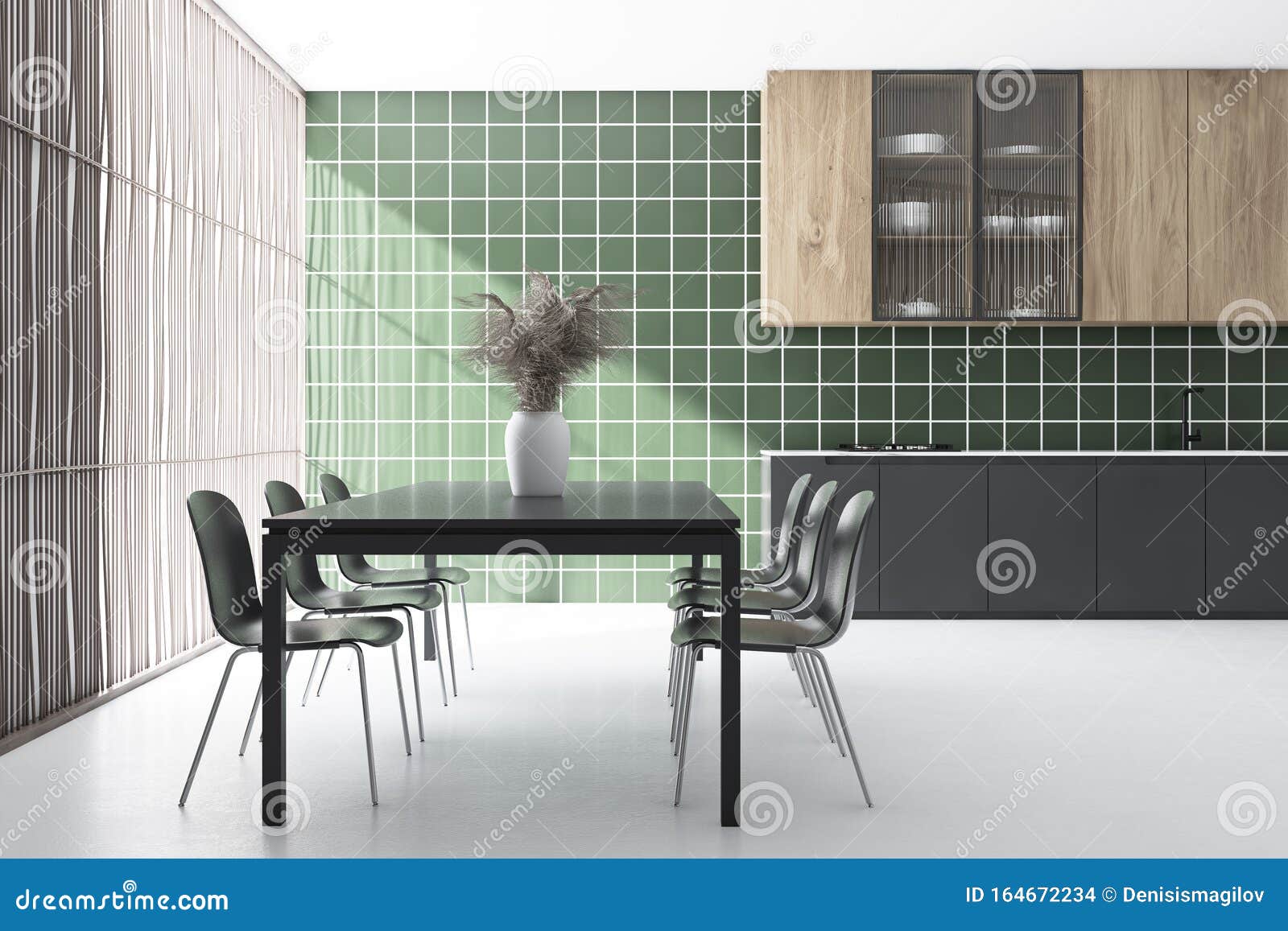 Green Tile Kitchen Interior With Dining Table Stock Illustration Illustration Of Dwelling