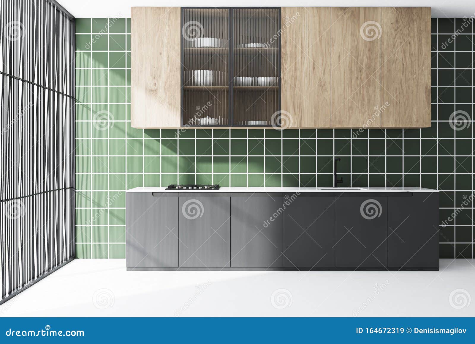 Green Tile Kitchen Interior With Gray Countertops Stock