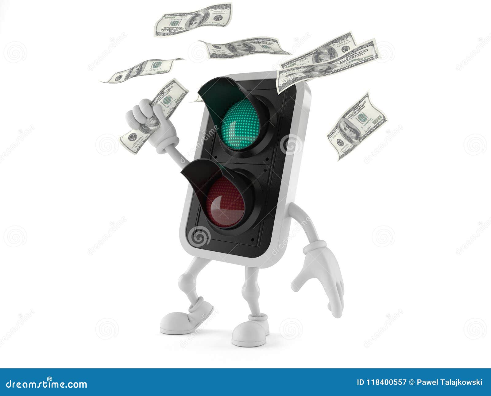 Green Traffic Light Character Catching Money Stock Illustration