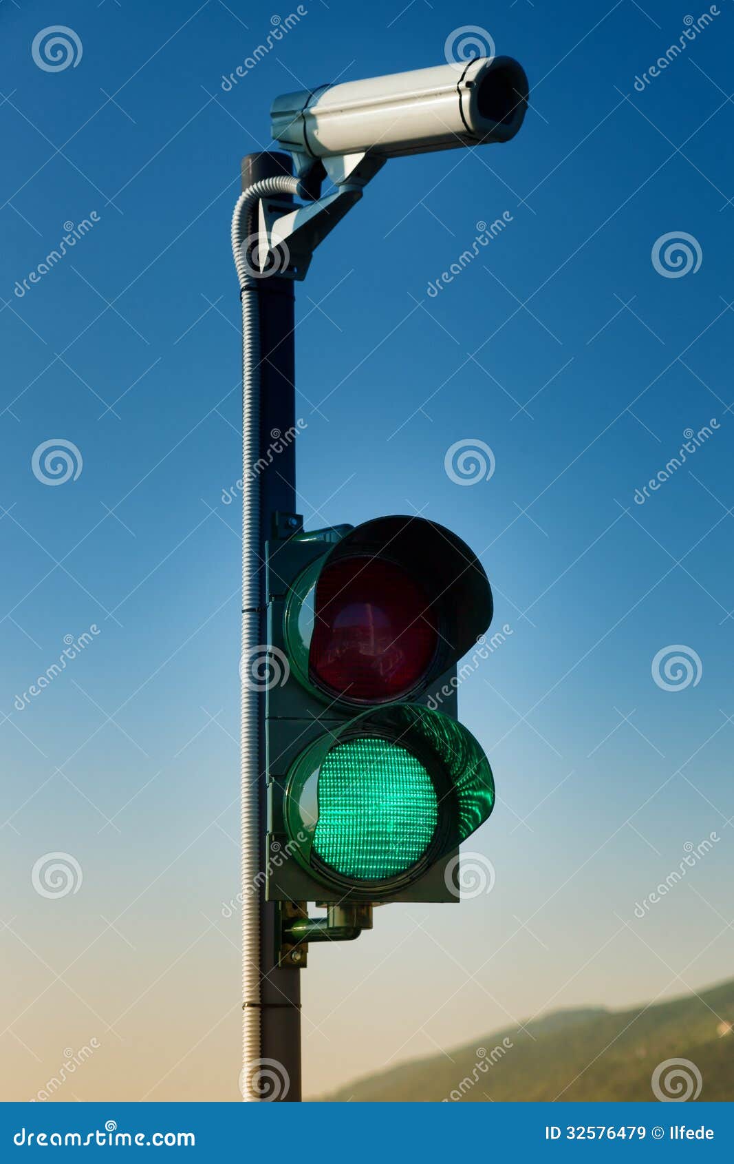 Green on Traffic Light with Security Camera Stock Image Image of