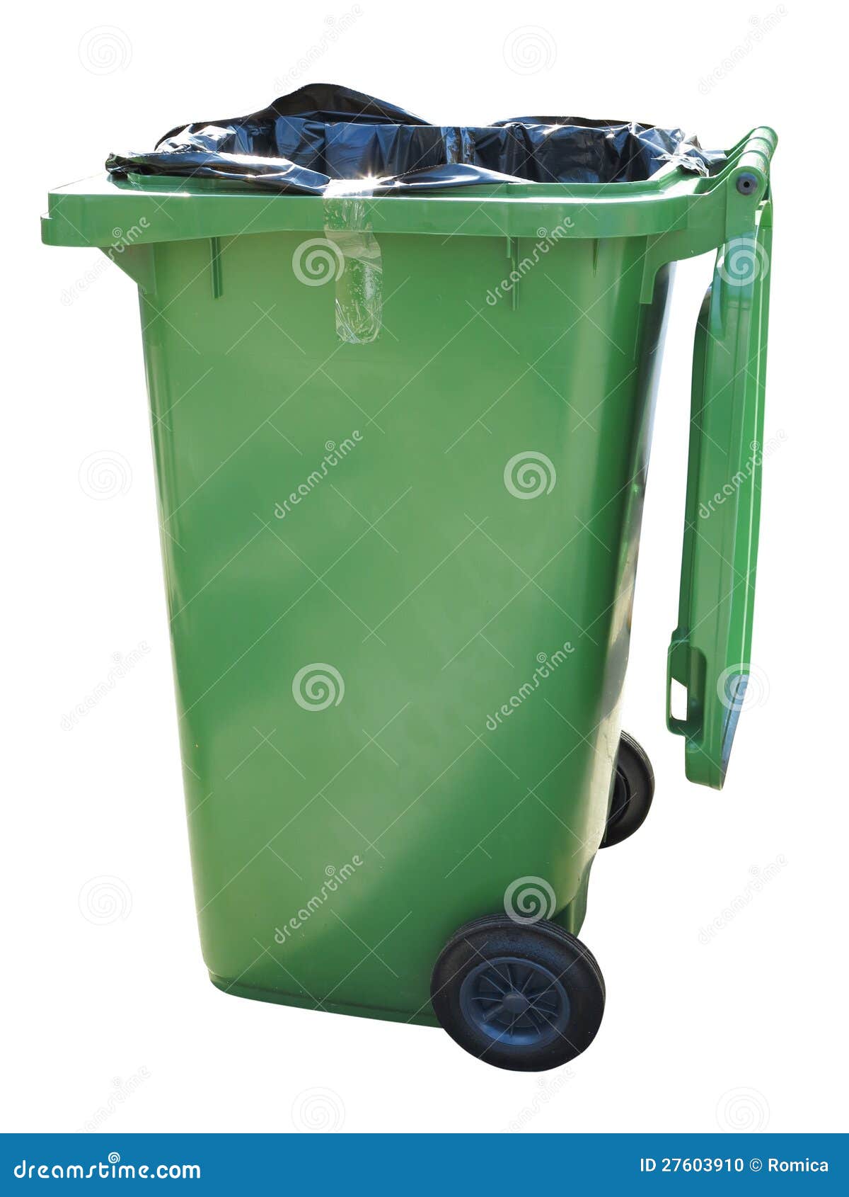 Green Trash In The Garden. Moulded Plastic, Wheeled Waste Bin In The