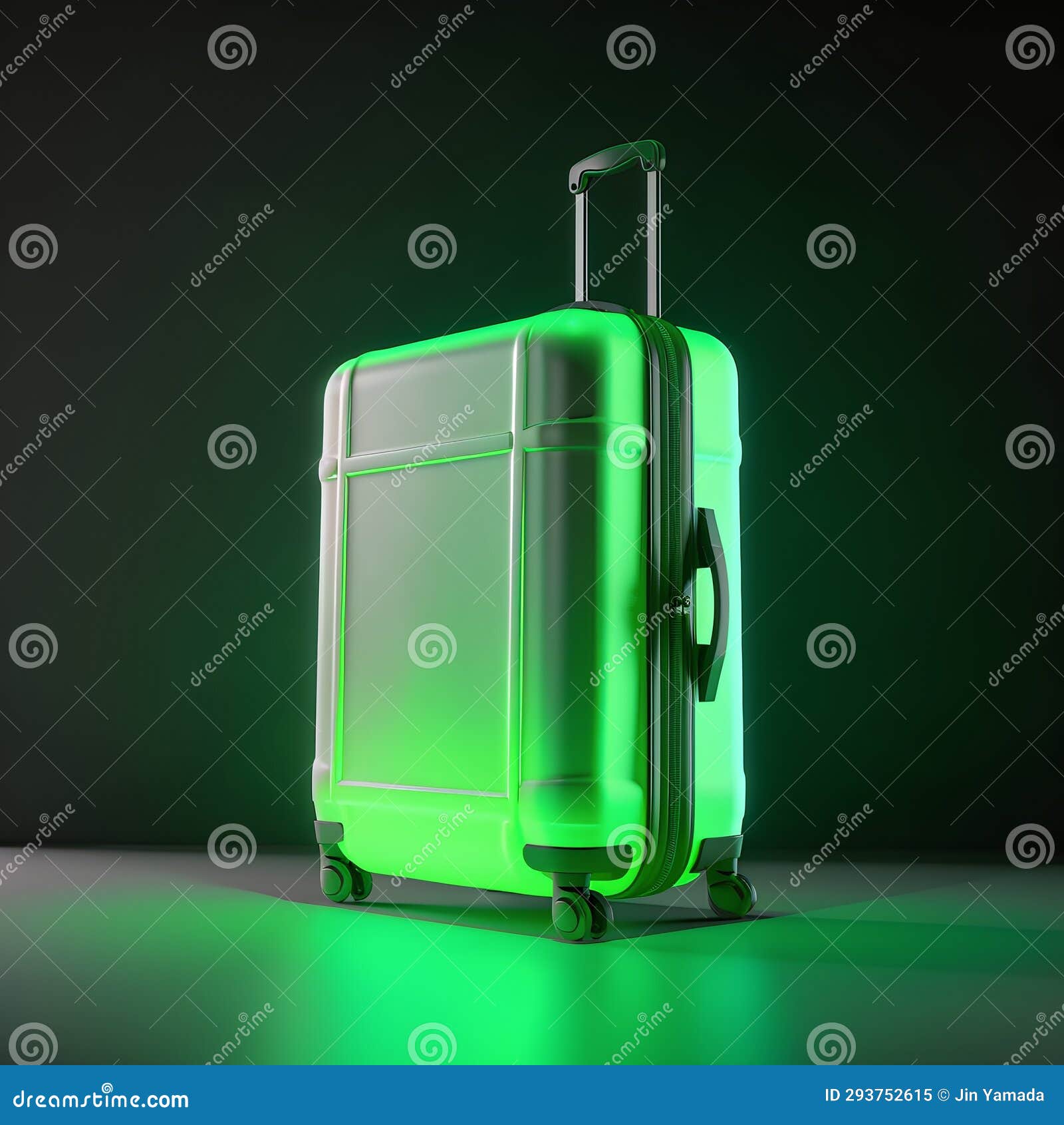 Green Travel Suitcase On A Dark Background. 3D Rendering. Neon Light