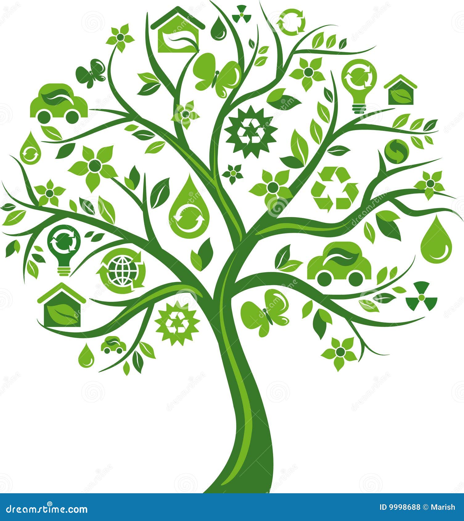 green tree with many environmental icons