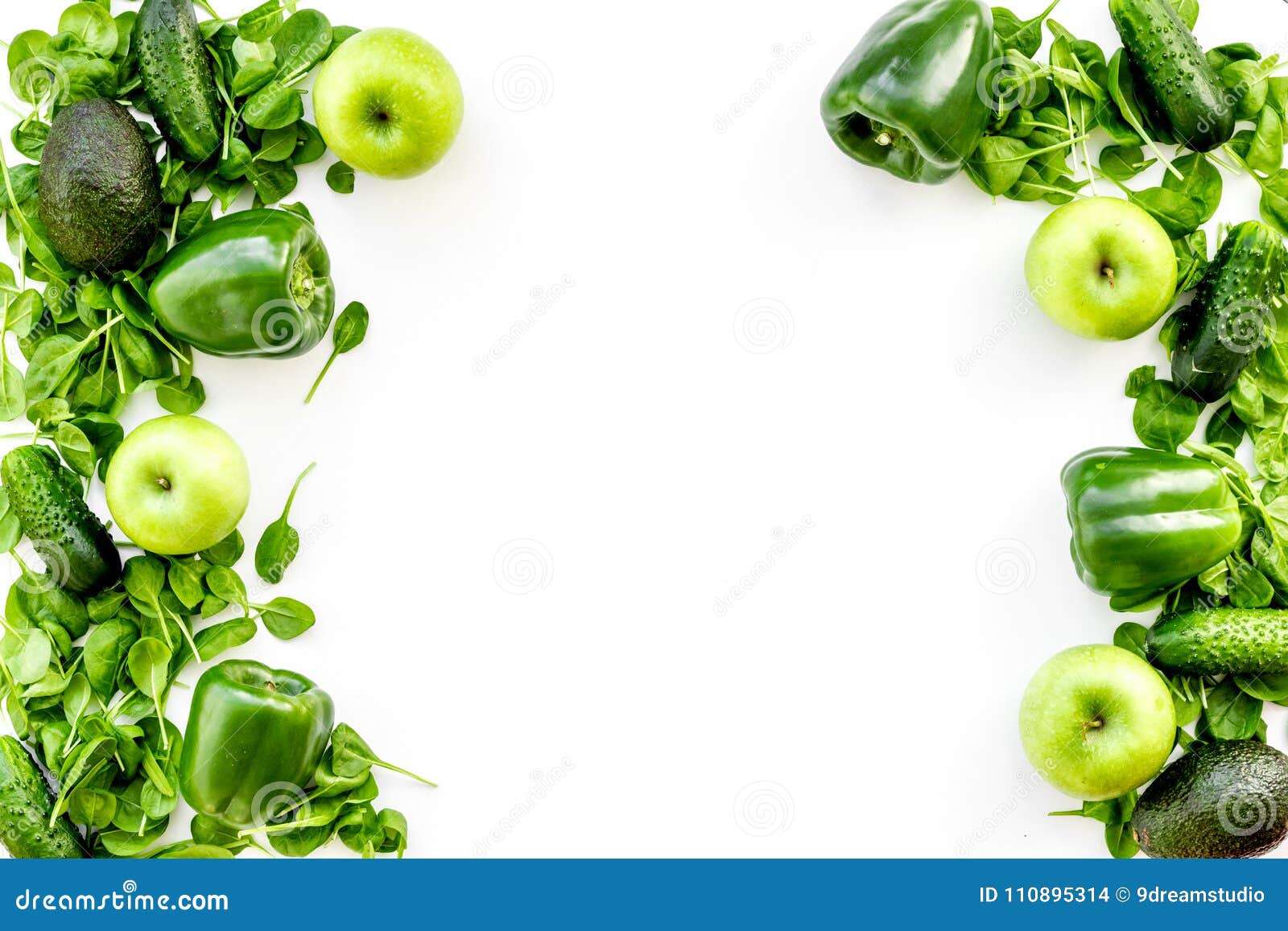 Green Vegetables Background. Shiny Bell Pepper, Cucumber, Arugula Salad,  Avocado and Fresh Apple on White Background Top Stock Photo - Image of  health, nutrition: 110895314