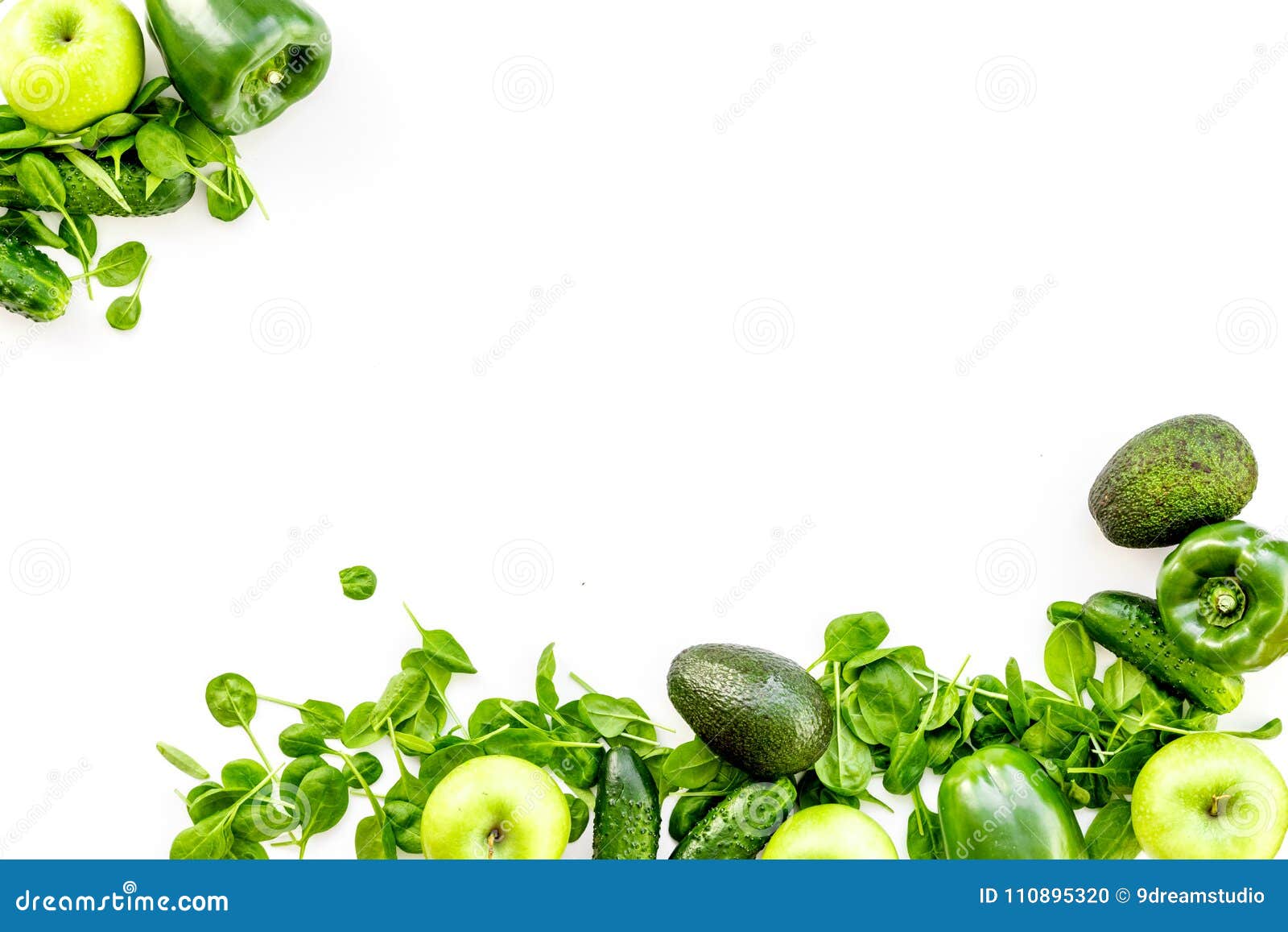 Green Vegetables Background. Shiny Bell Pepper, Cucumber, Arugula Salad,  Avocado and Fresh Apple on White Background Top Stock Photo - Image of  freshness, gourmet: 110895320