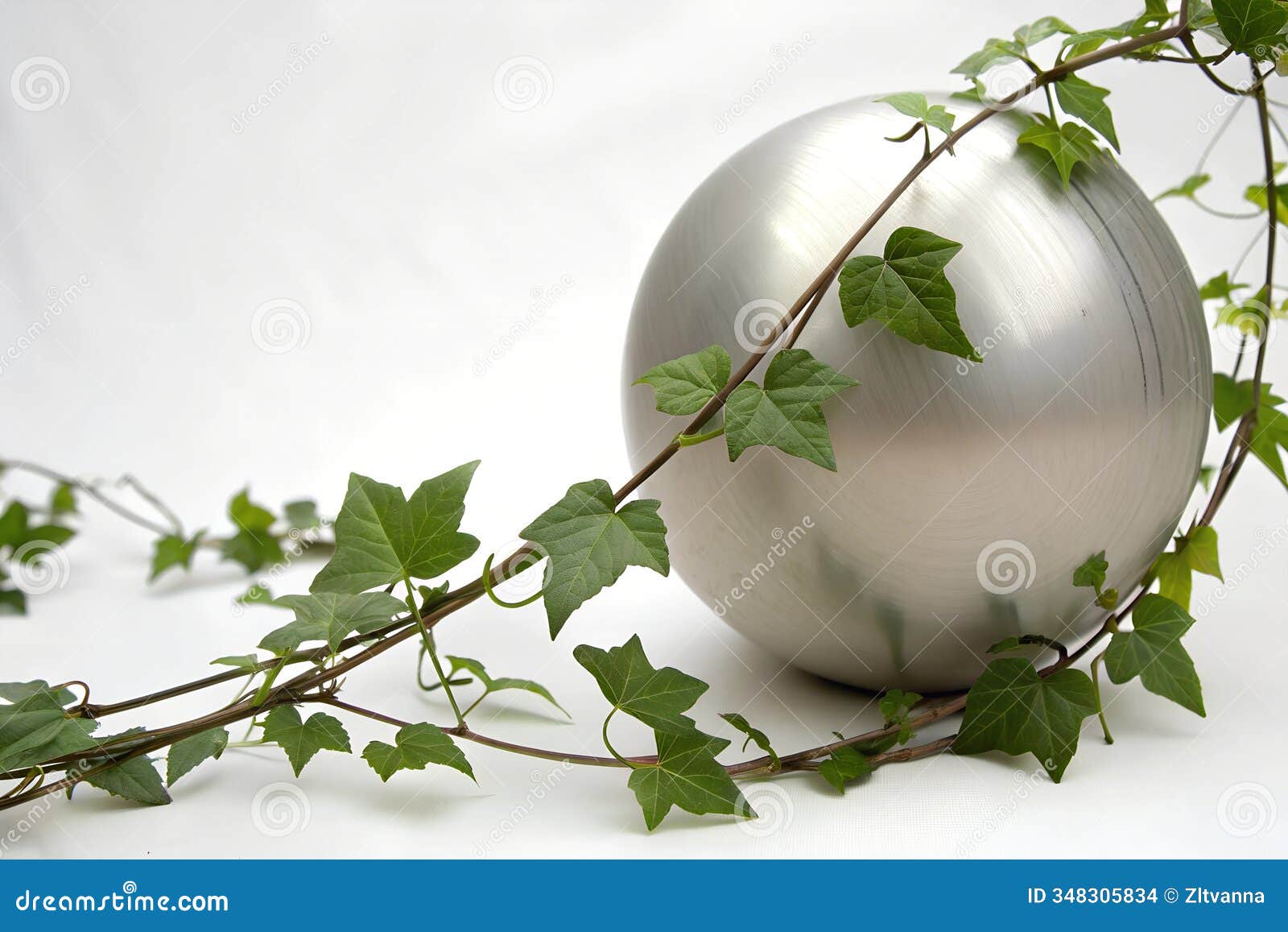 green vine elegantly wraps around a sleek metallic sphere in a minimalist setting