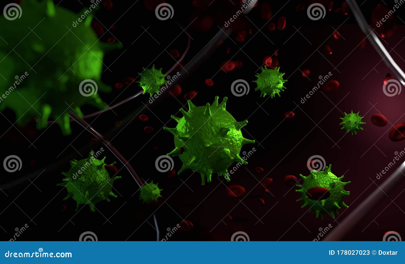 green virus molecula and red blood cells 3d render
