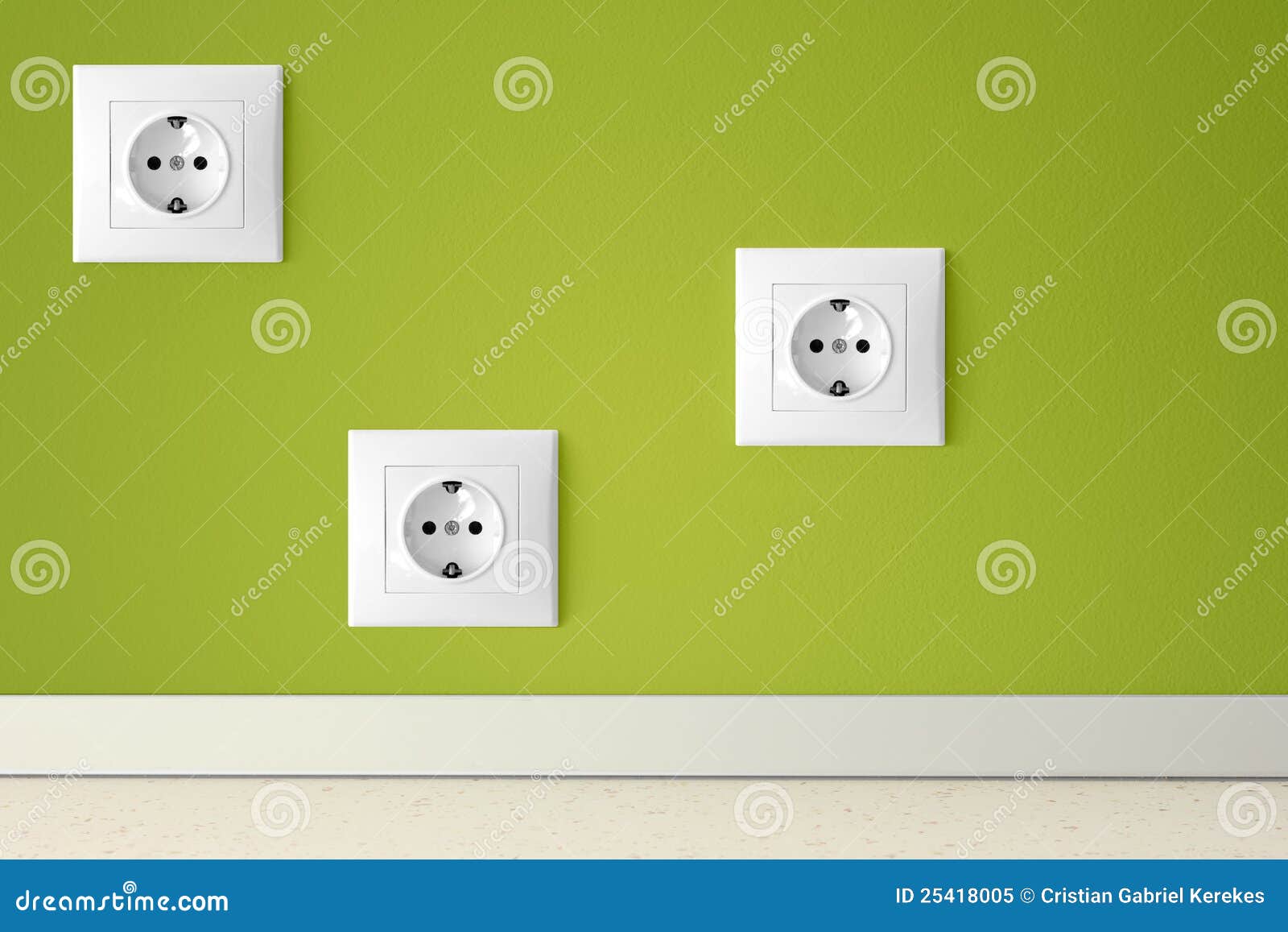 Green Wall with Three European Electric Outlets Stock Image Image of