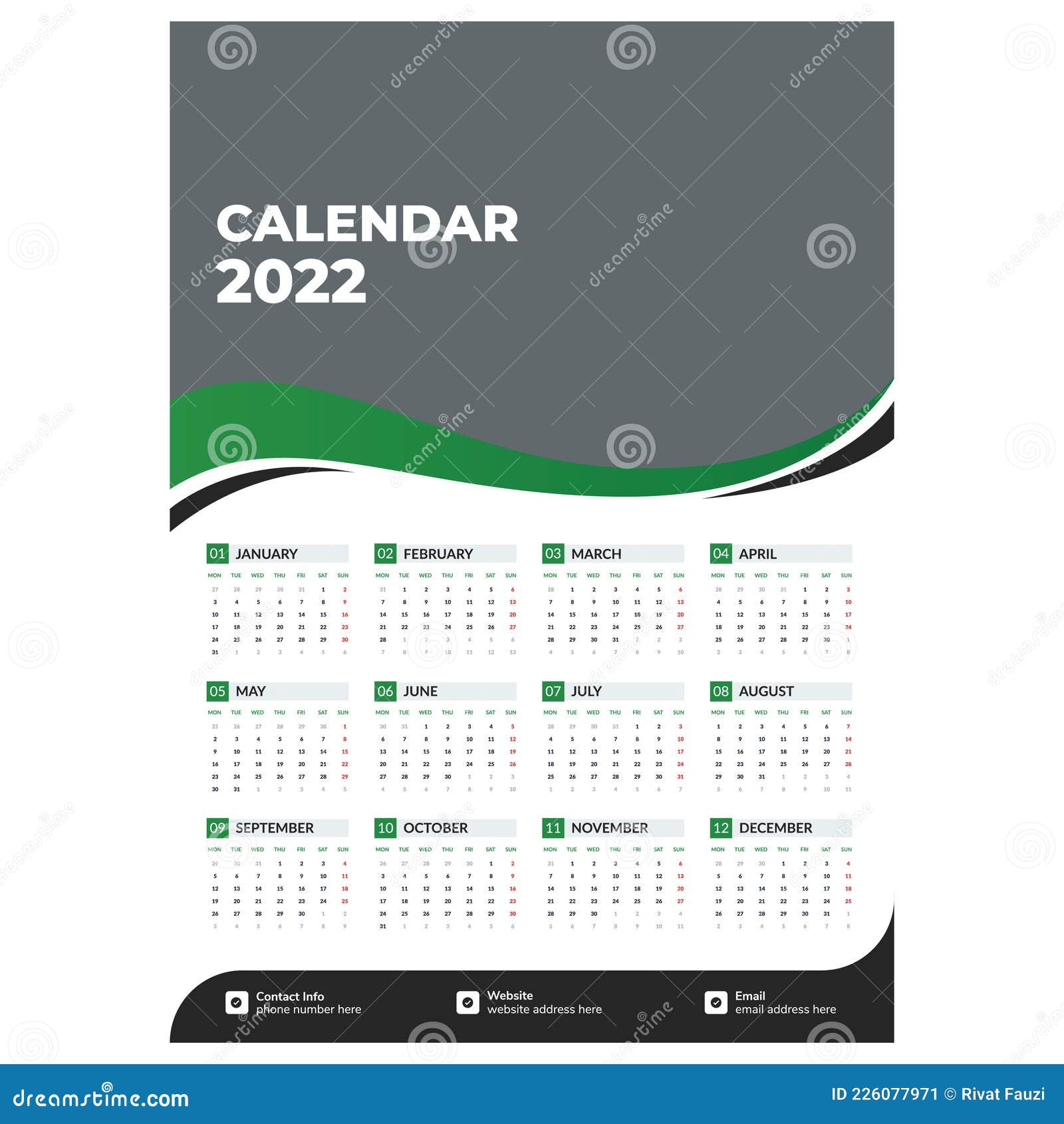 One Page Calendar 2022 Green Wave One Page Wall Calendar 2022 Stock Vector - Illustration Of Meet,  Page: 226077971