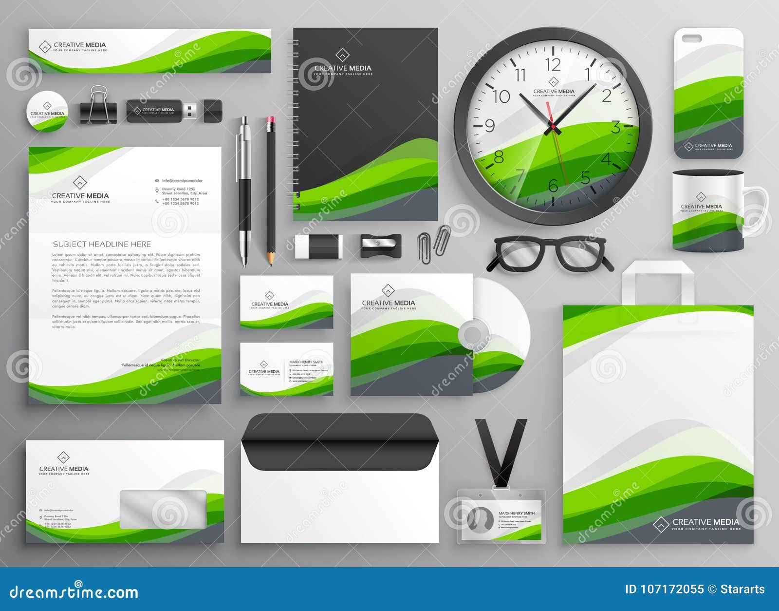 green wavy business stationery set template  for your bran