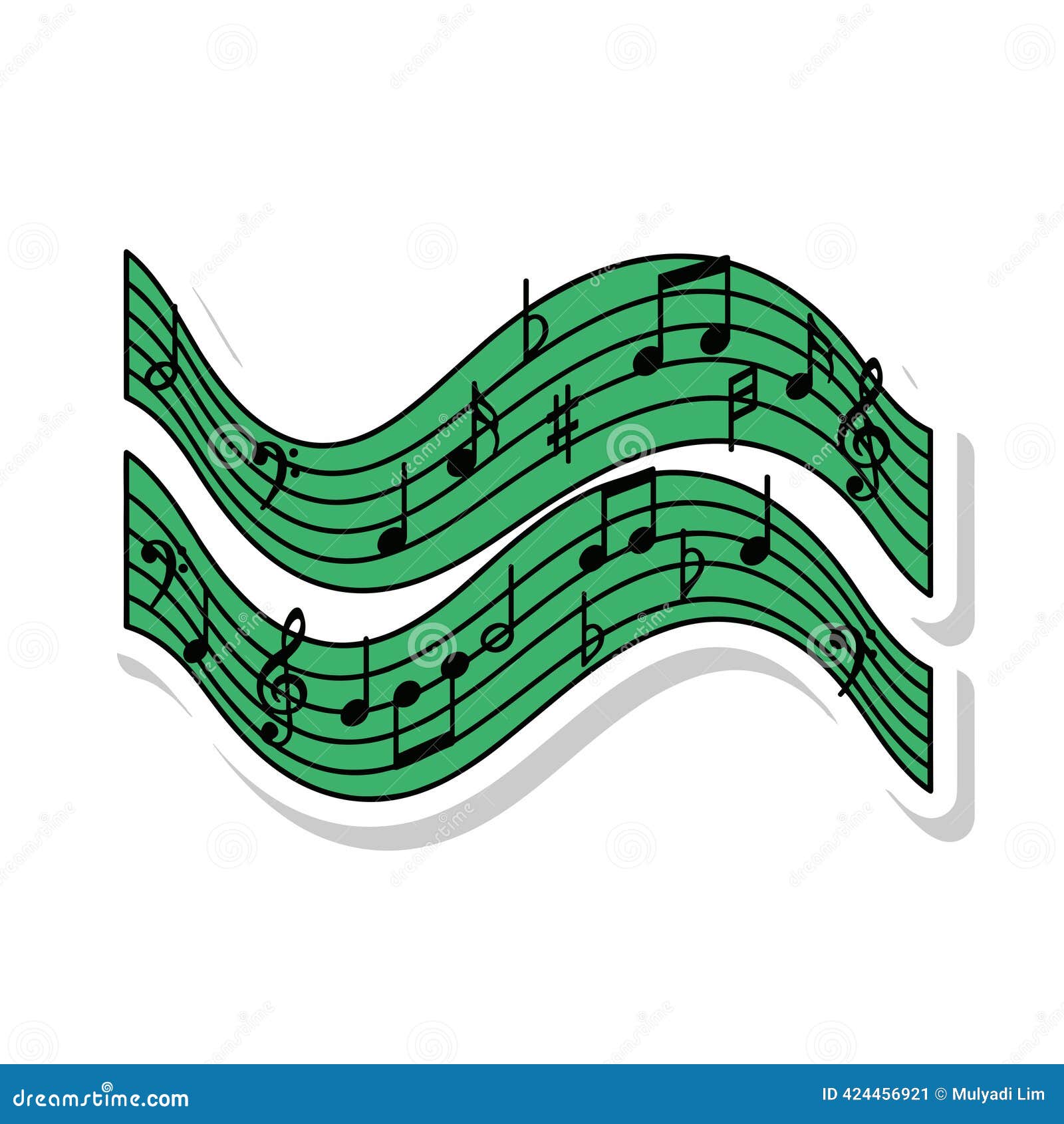Green Wavy Music Staff with Notes and Shadows on White Background Stock  Vector - Illustration of choir, natural: 424456921, image size:1600x1690