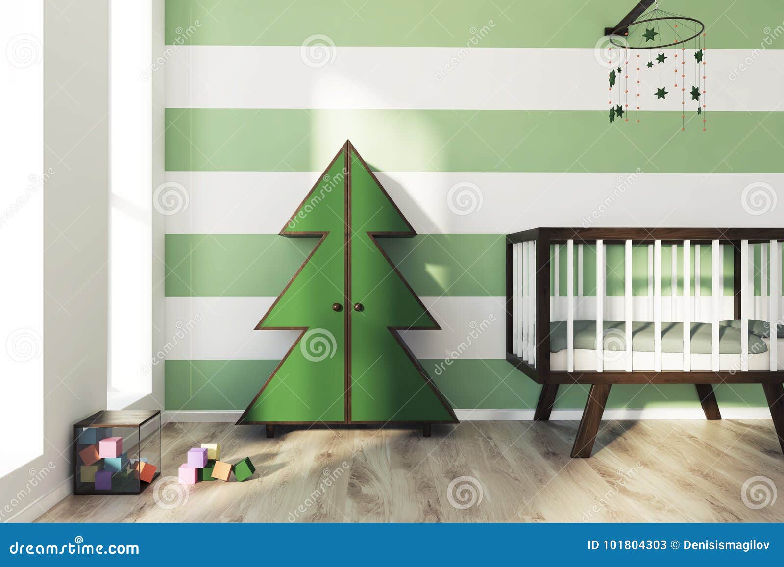 Green And White Nursery Crib And Fur Tree Stock Illustration