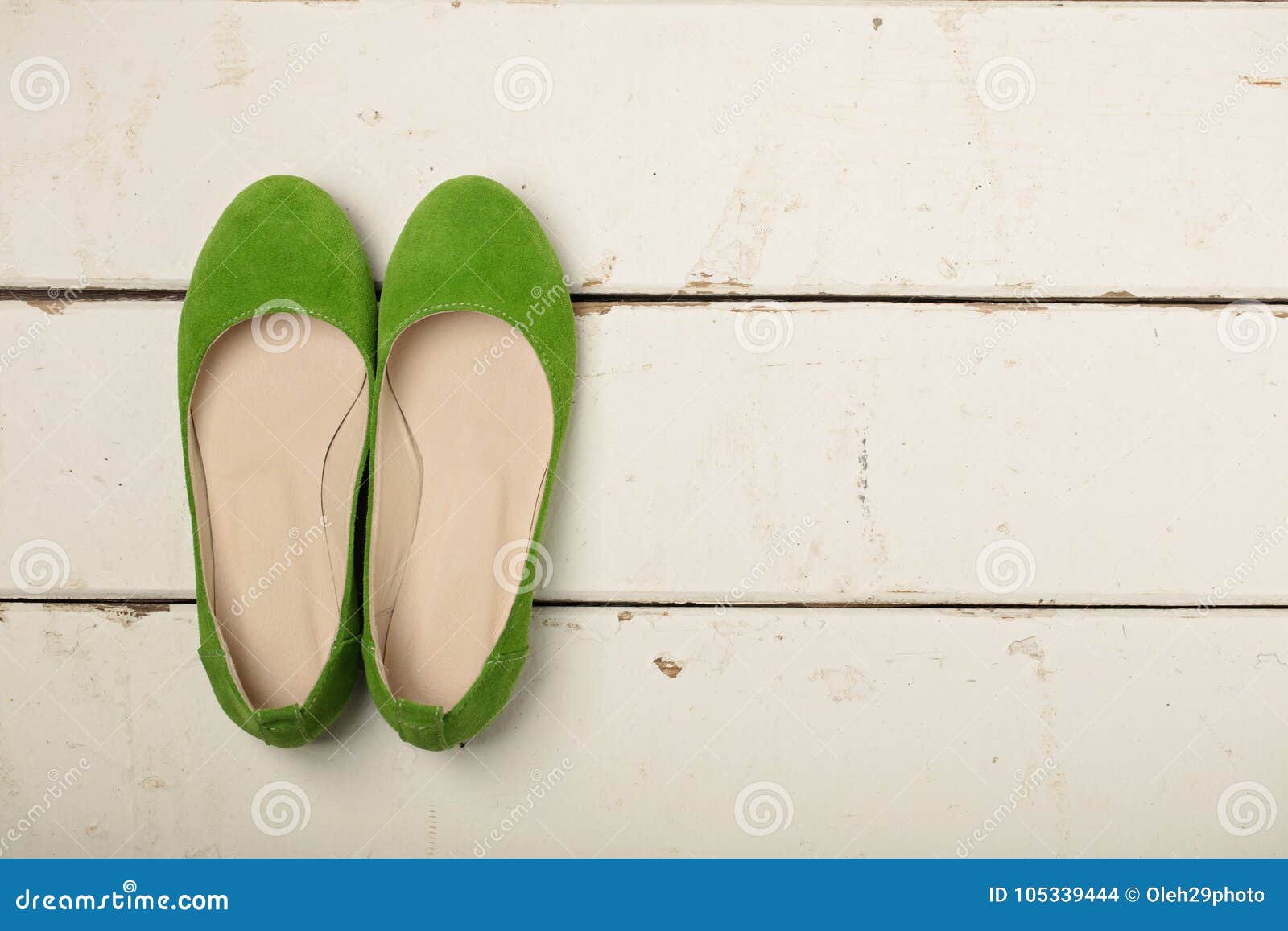 Green Women`s Shoes Ballerinas on Wooden Background. Stock Photo ...