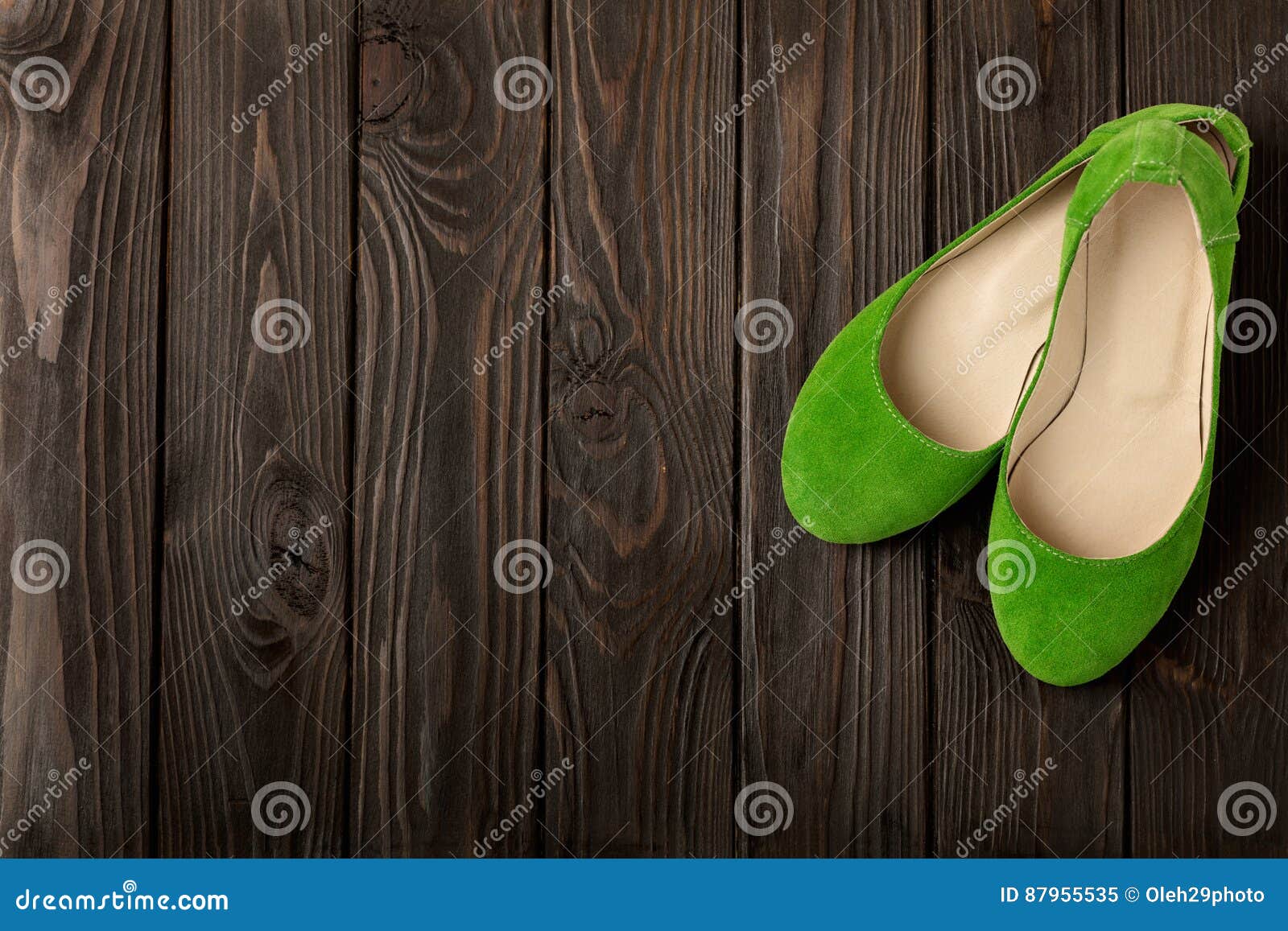 Green Women`s Shoes Ballerinas on Wooden Background. Stock Image ...